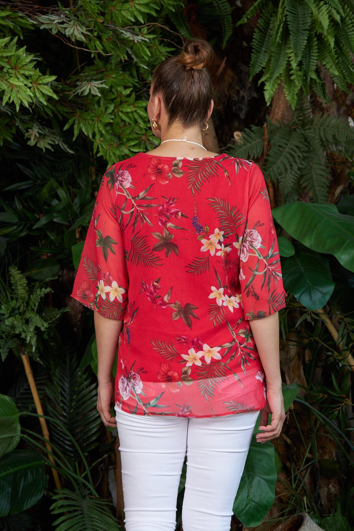 Rmg Kolye Detaylı Desenli Büyük Beden Kırmızı Bluz