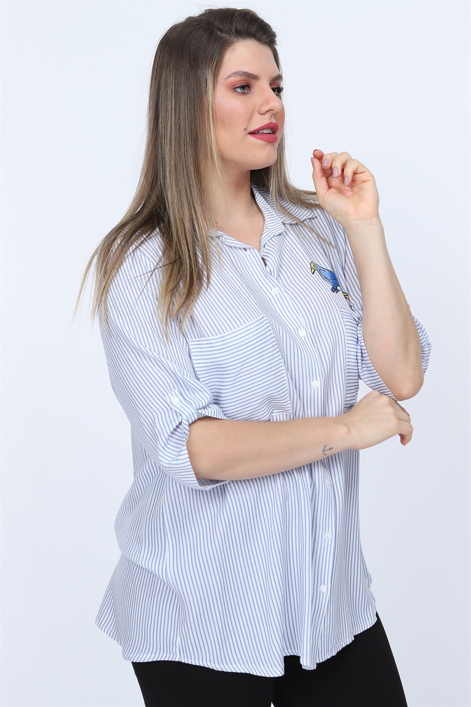 Rmg Kuş Ve Çiçek Desenli Çizgili Büyük Beden Gömlek Mavi
