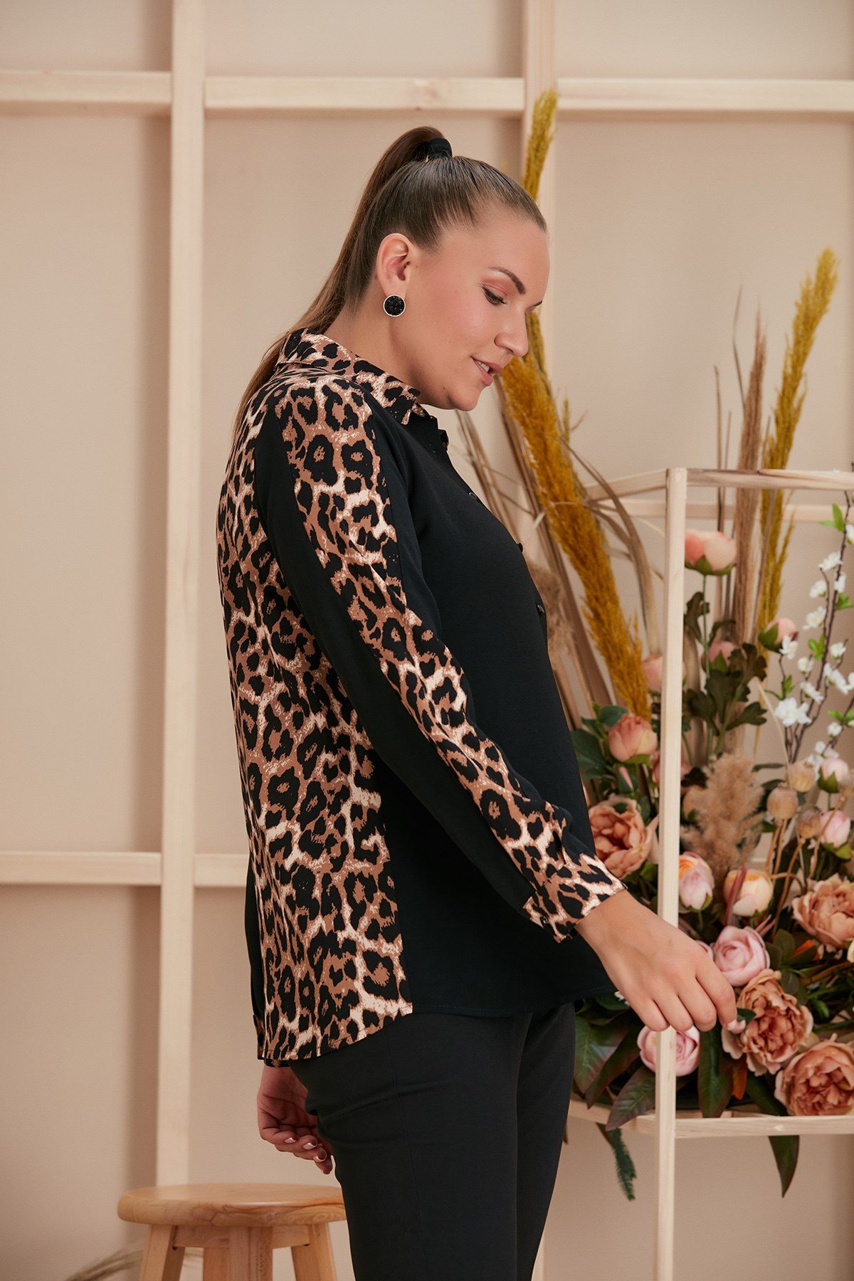 Rmg Leopar Desenli Büyük Desenli Büyük Beden Gömlek