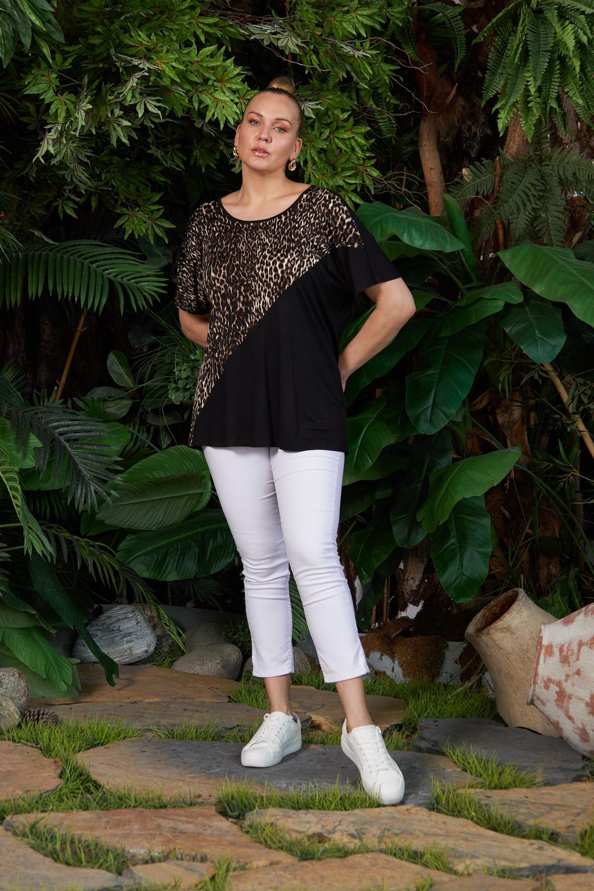 Rmg Leopar Garnili Büyük Beden Siyah Tişört