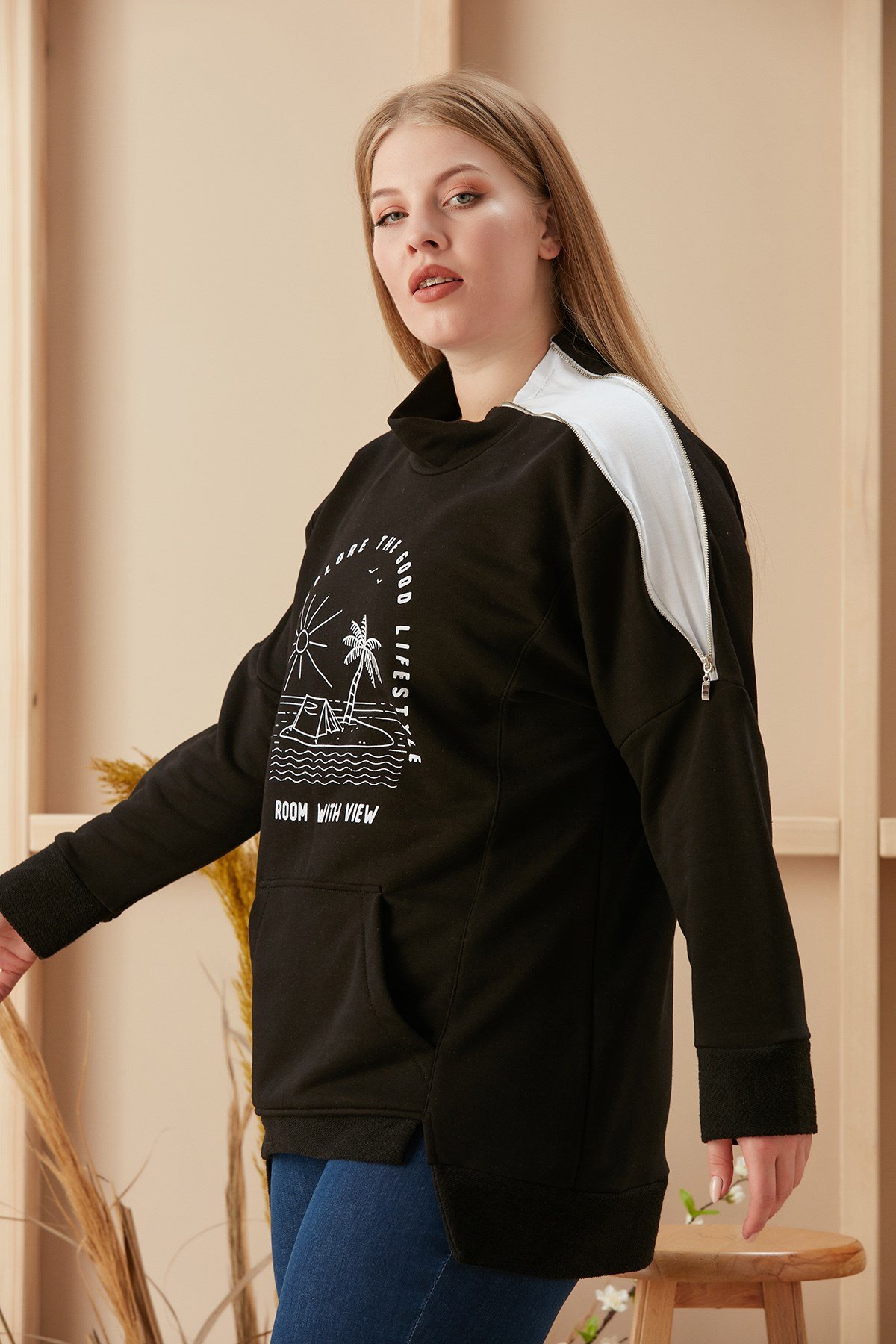 Rmg Omuz Fermuar Detaylı Baskılı Büyük Beden Siyah Sweatshirt