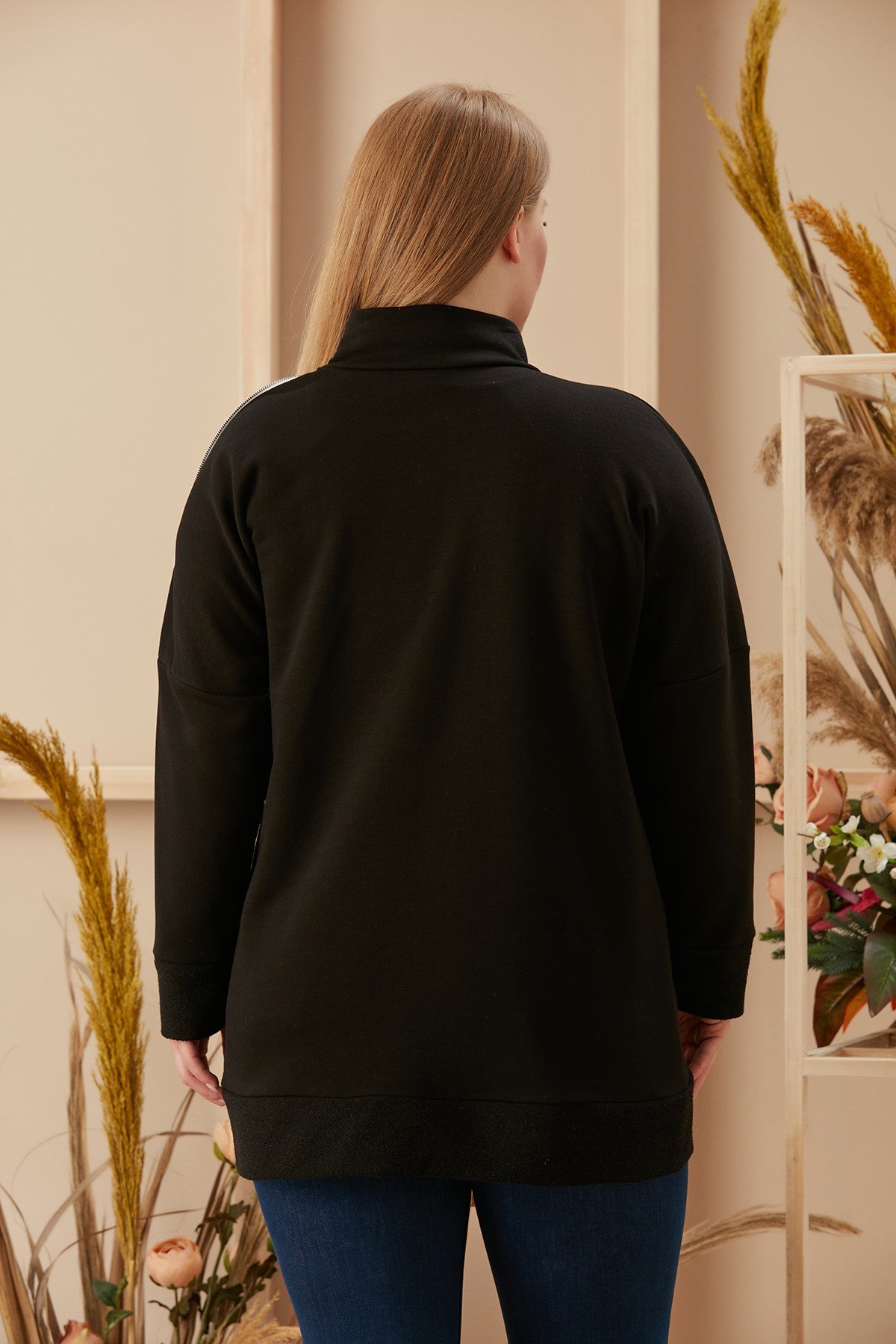 Rmg Omuz Fermuar Detaylı Baskılı Büyük Beden Siyah Sweatshirt