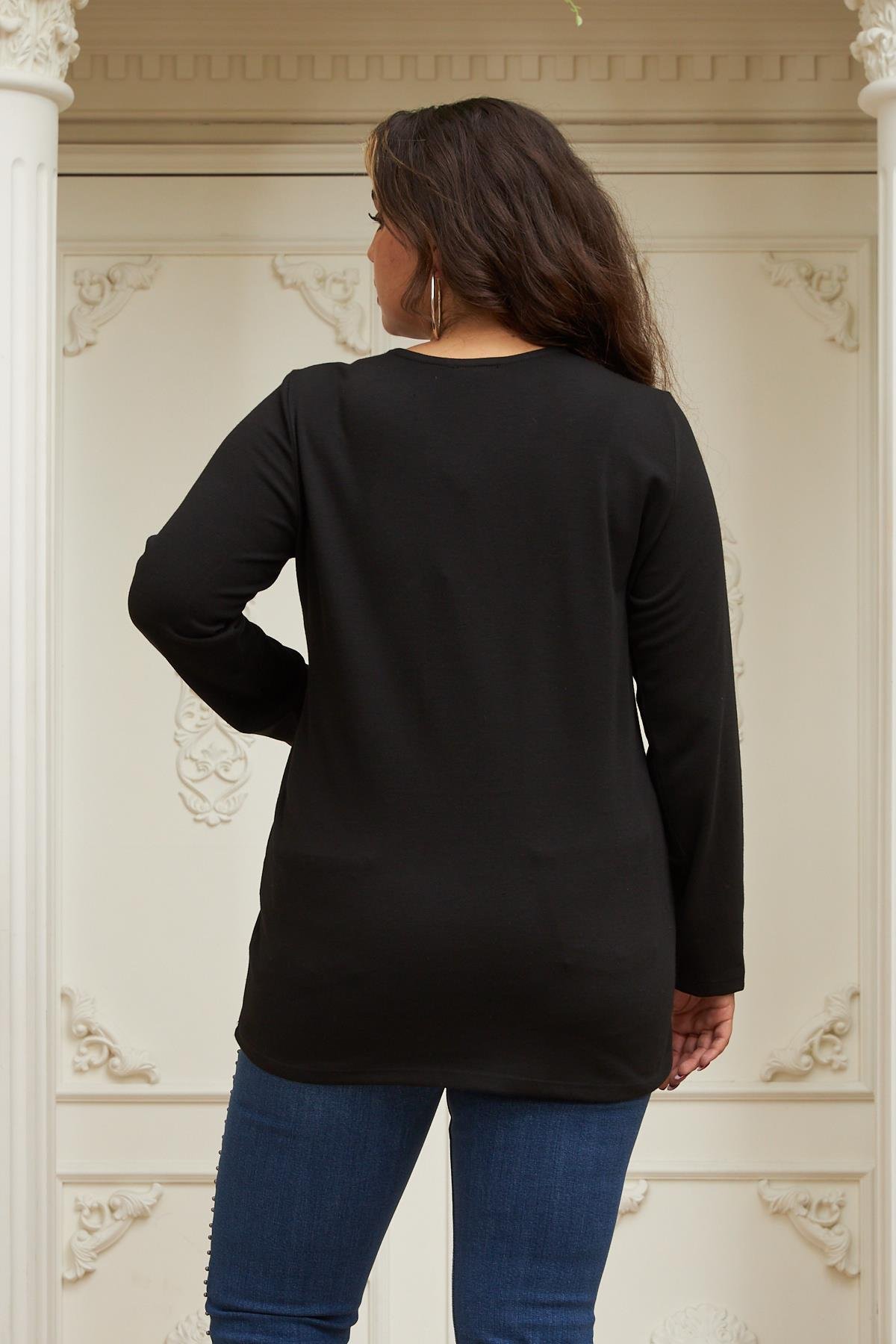 Rmg Omuz Nakış Detaylı Büyük Beden Siyah Bluz