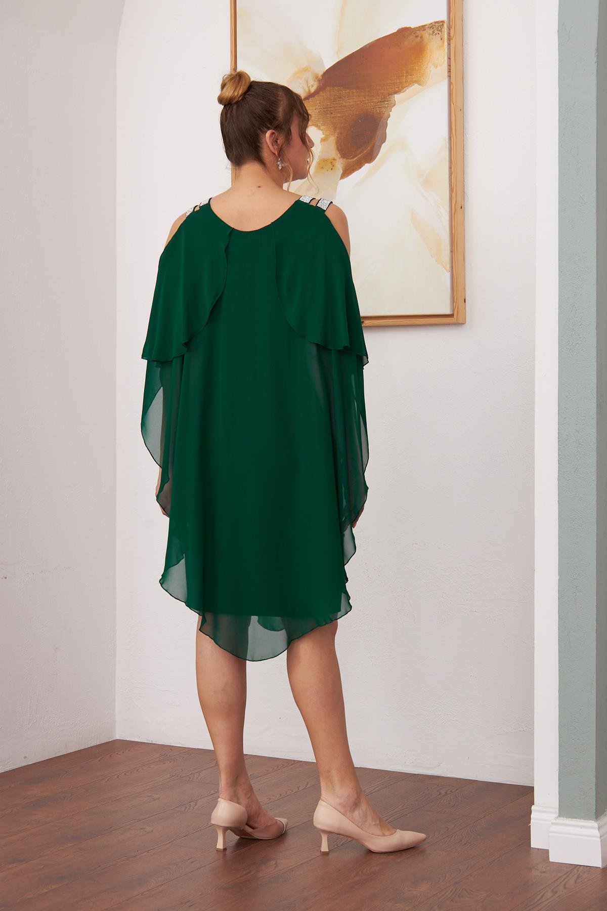 Rmg Omuz Taş Detaylı Şifon Büyük Beden Zümrüt Elbise	