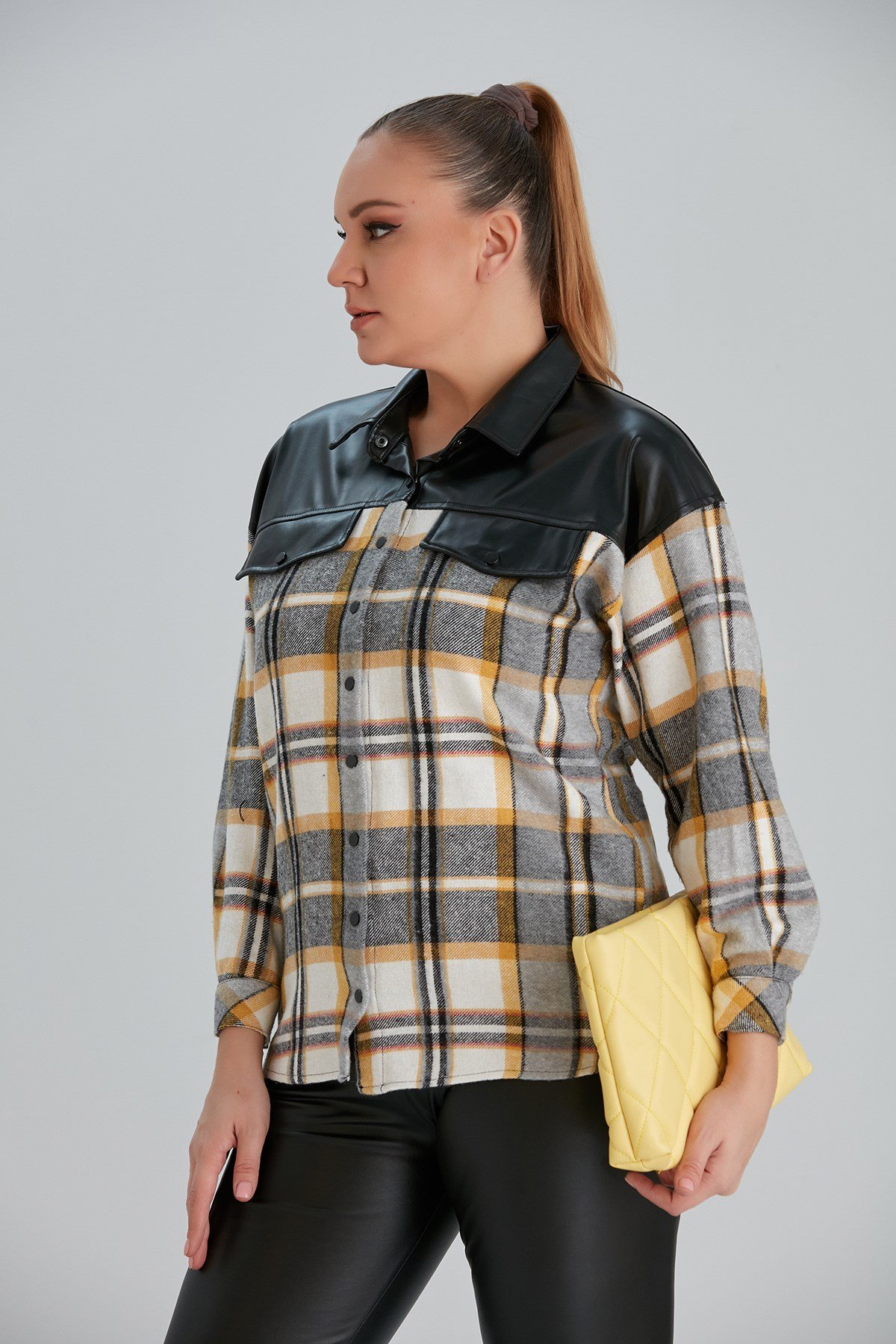 Rmg Omuz Ve Cep Kapakları Deri Detaylı Büyük Beden Hardal Gömlek