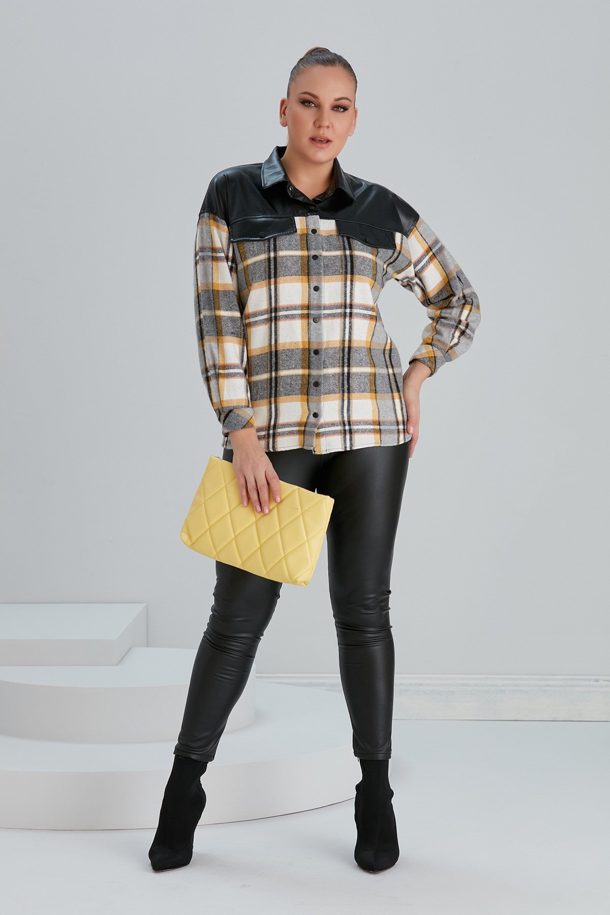 Rmg Omuz Ve Cep Kapakları Deri Detaylı Büyük Beden Hardal Gömlek