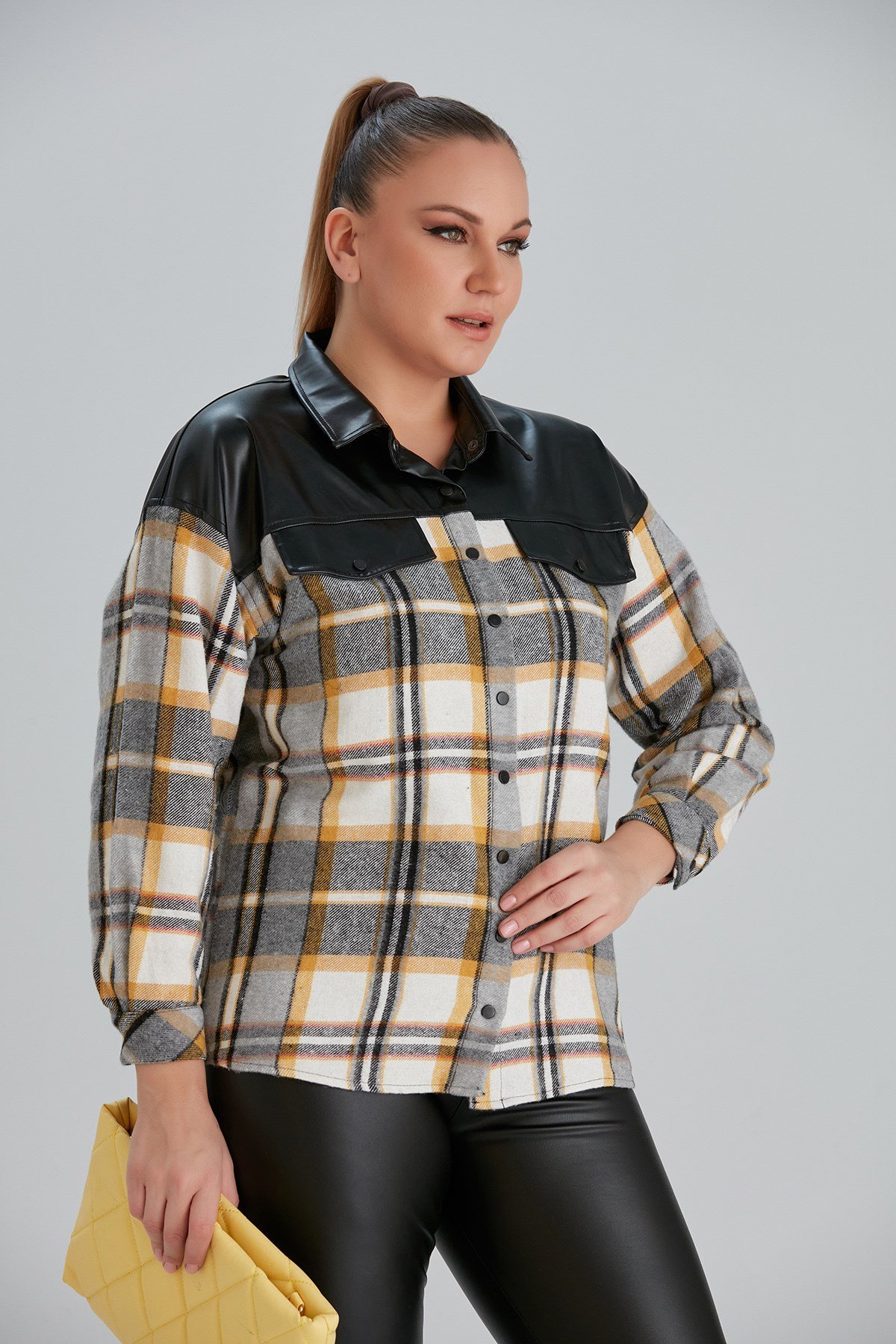 Rmg Omuz Ve Cep Kapakları Deri Detaylı Büyük Beden Hardal Gömlek