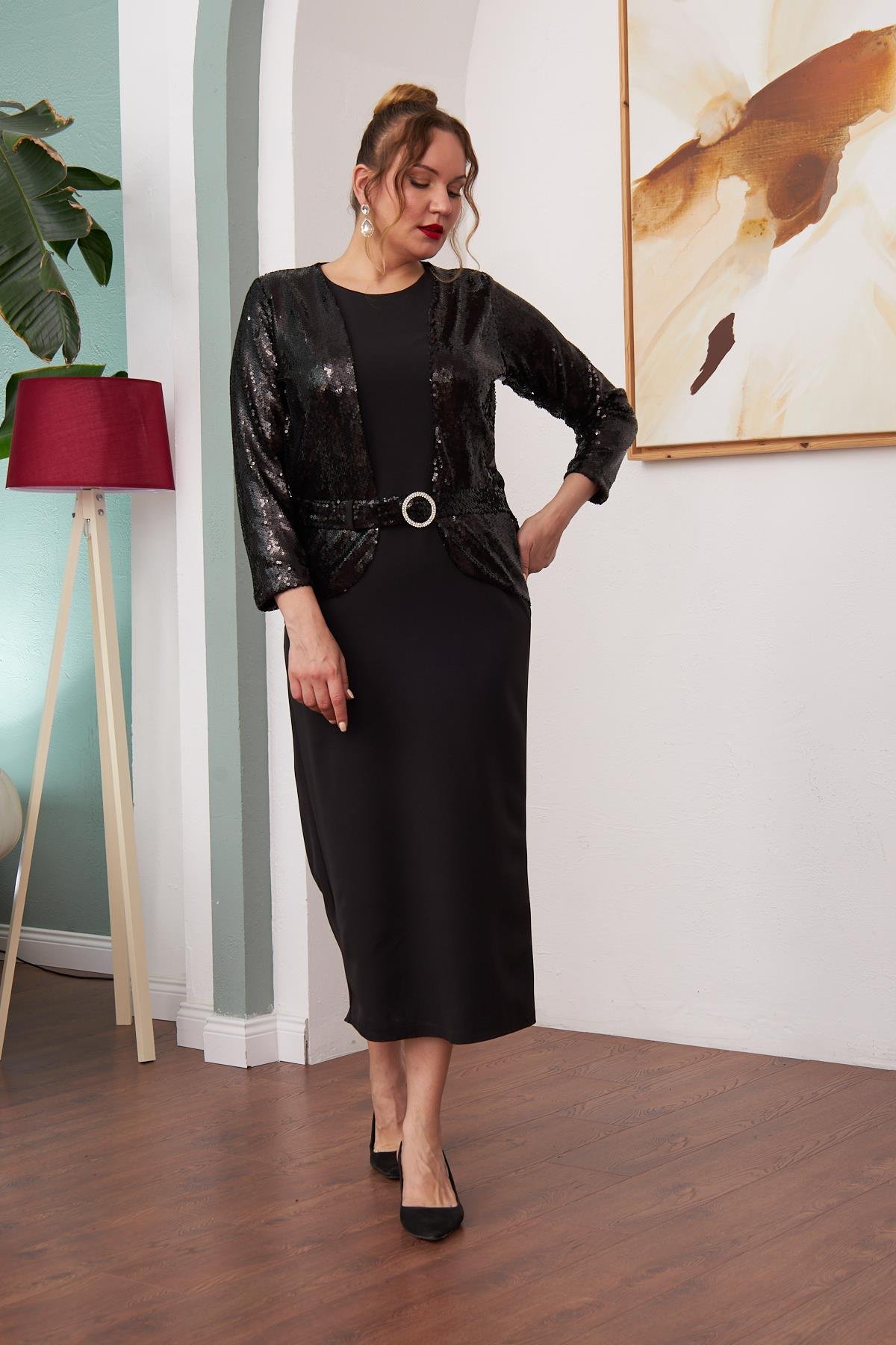 Rmg Ön Payet Detaylı Büyük Beden Uzun Siyah Elbise