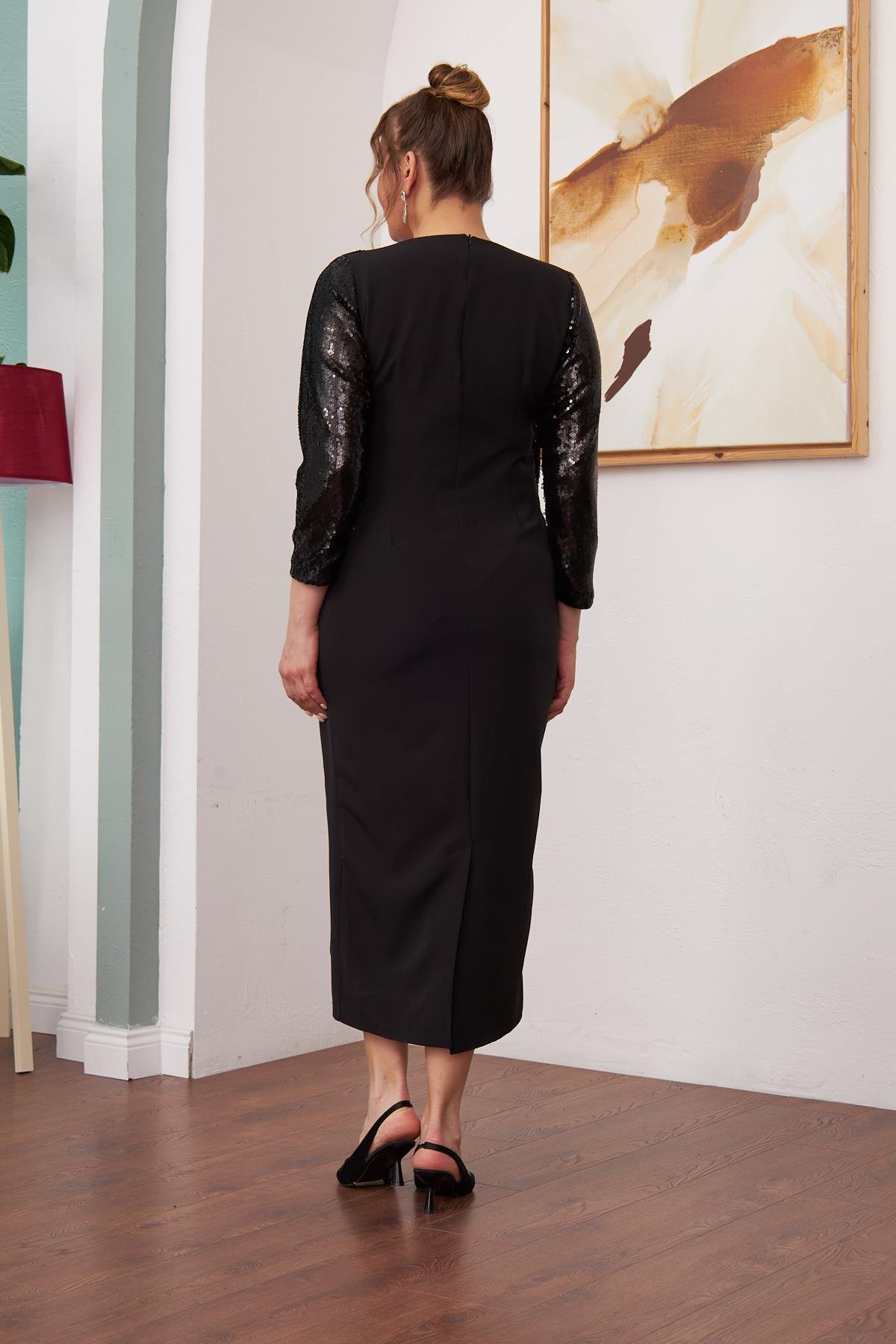 Rmg Ön Payet Detaylı Büyük Beden Uzun Siyah Elbise