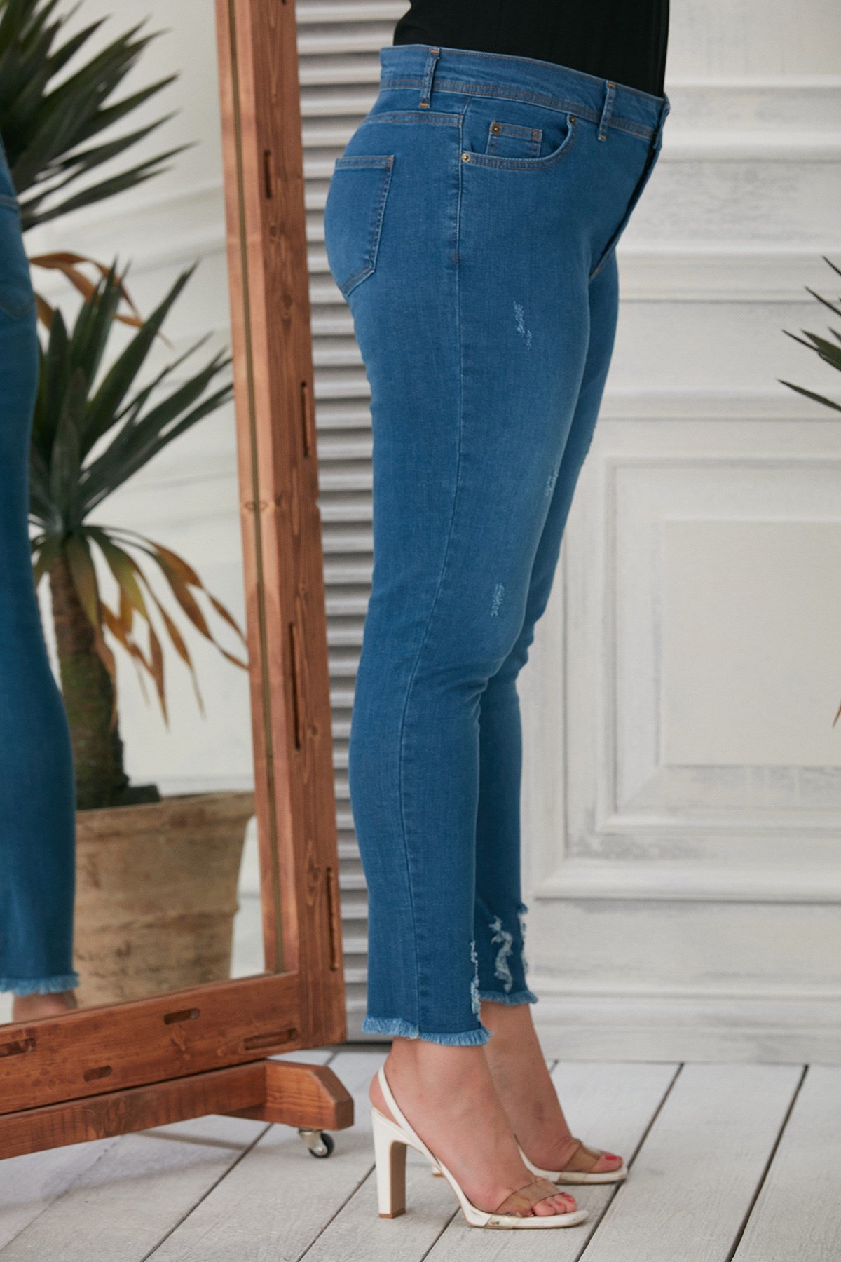 Rmg Paça Püskül Detaylı Büyük Beden Mavi Kot Pantolon