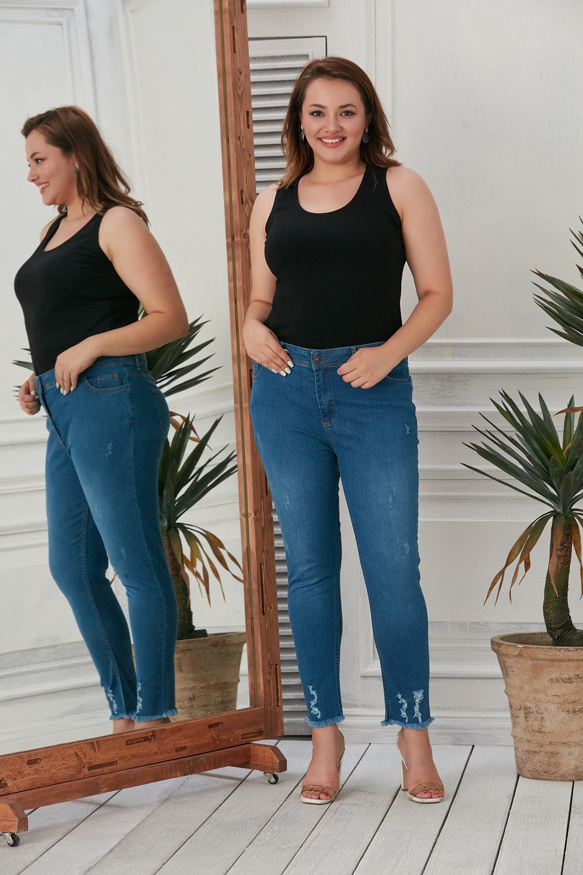 Rmg Paça Püskül Detaylı Büyük Beden Mavi Kot Pantolon