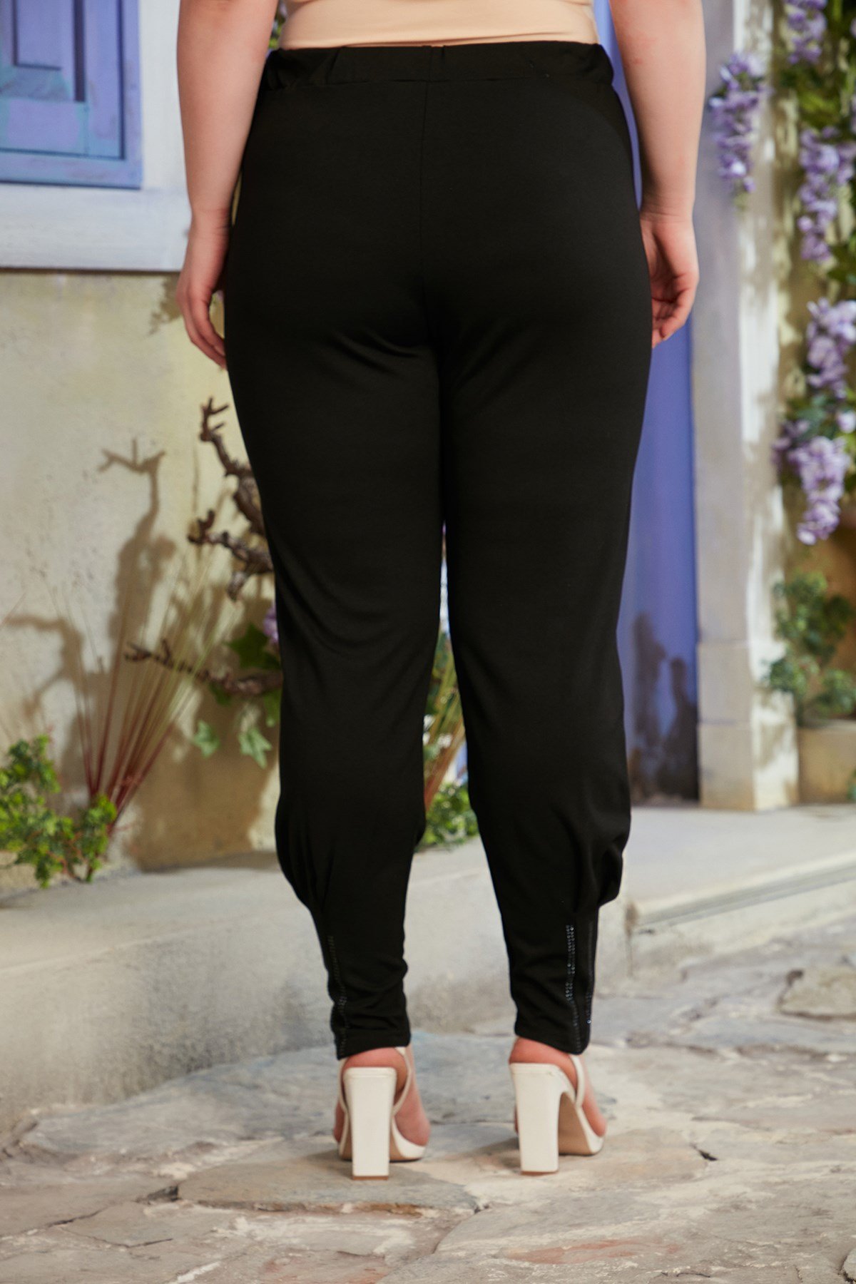 Rmg Paçaları Taş Detaylı Spor Büyük Beden Çelik Siyah Pantolon