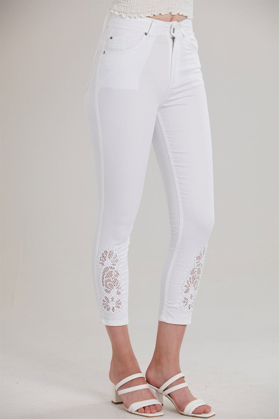 RMG Paçası Detaylı Beyaz Pamuk Pantolon