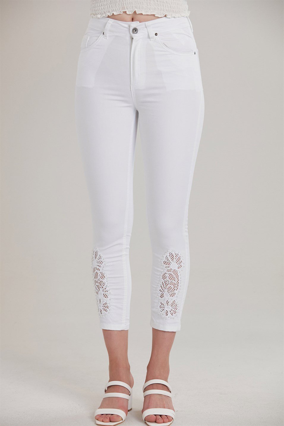 RMG Paçası Detaylı Beyaz Pamuk Pantolon
