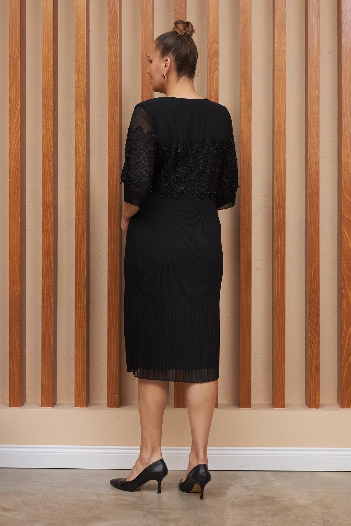 Rmg Piliseli Dantel Detaylı Büyük Beden Siyah Abiye Elbise