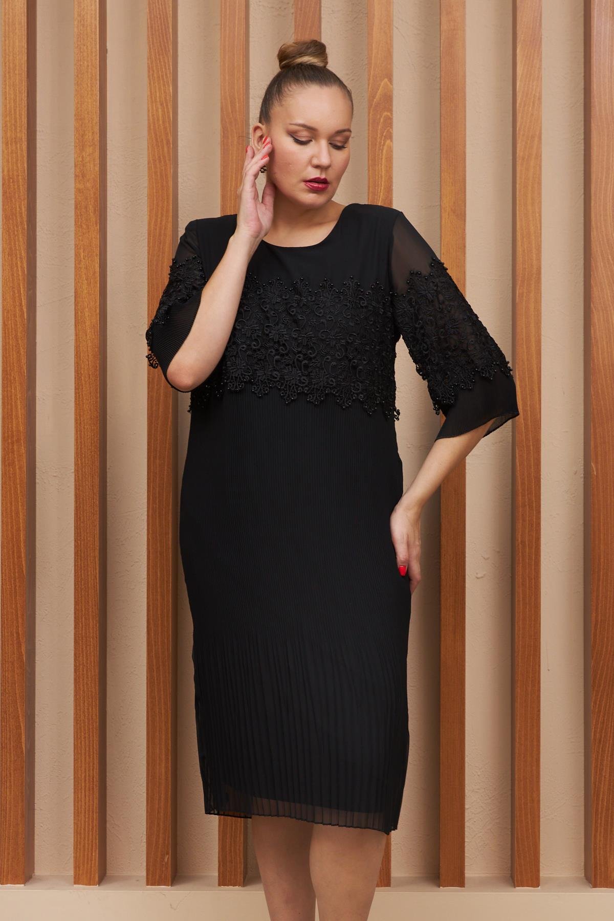 Rmg Piliseli Dantel Detaylı Büyük Beden Siyah Abiye Elbise