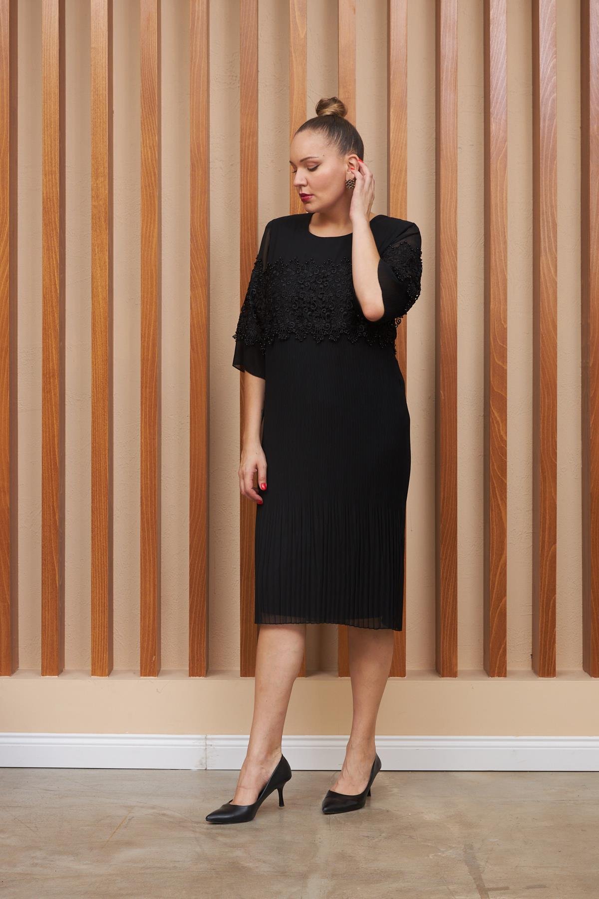 Rmg Piliseli Dantel Detaylı Büyük Beden Siyah Abiye Elbise