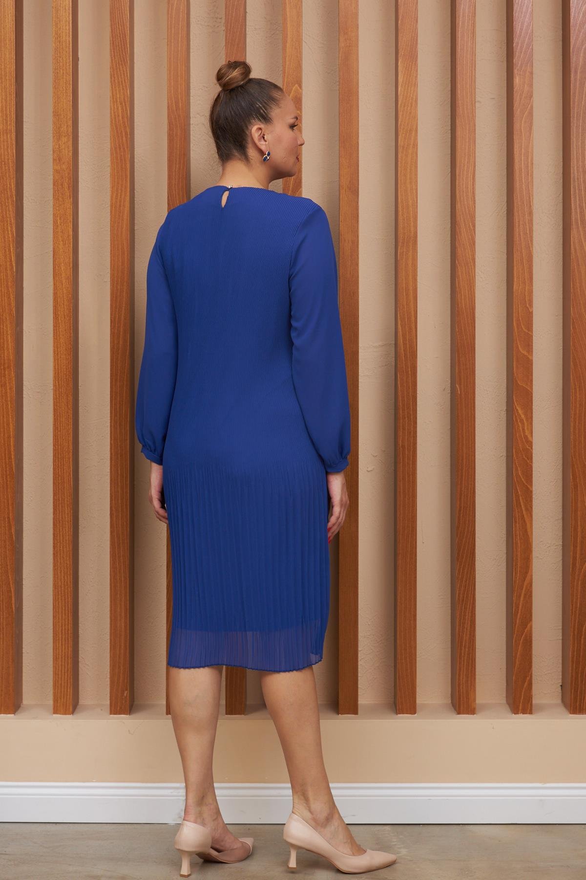 Rmg Piliseli Uzun Kol Büyük Beden Saks Abiye Elbise