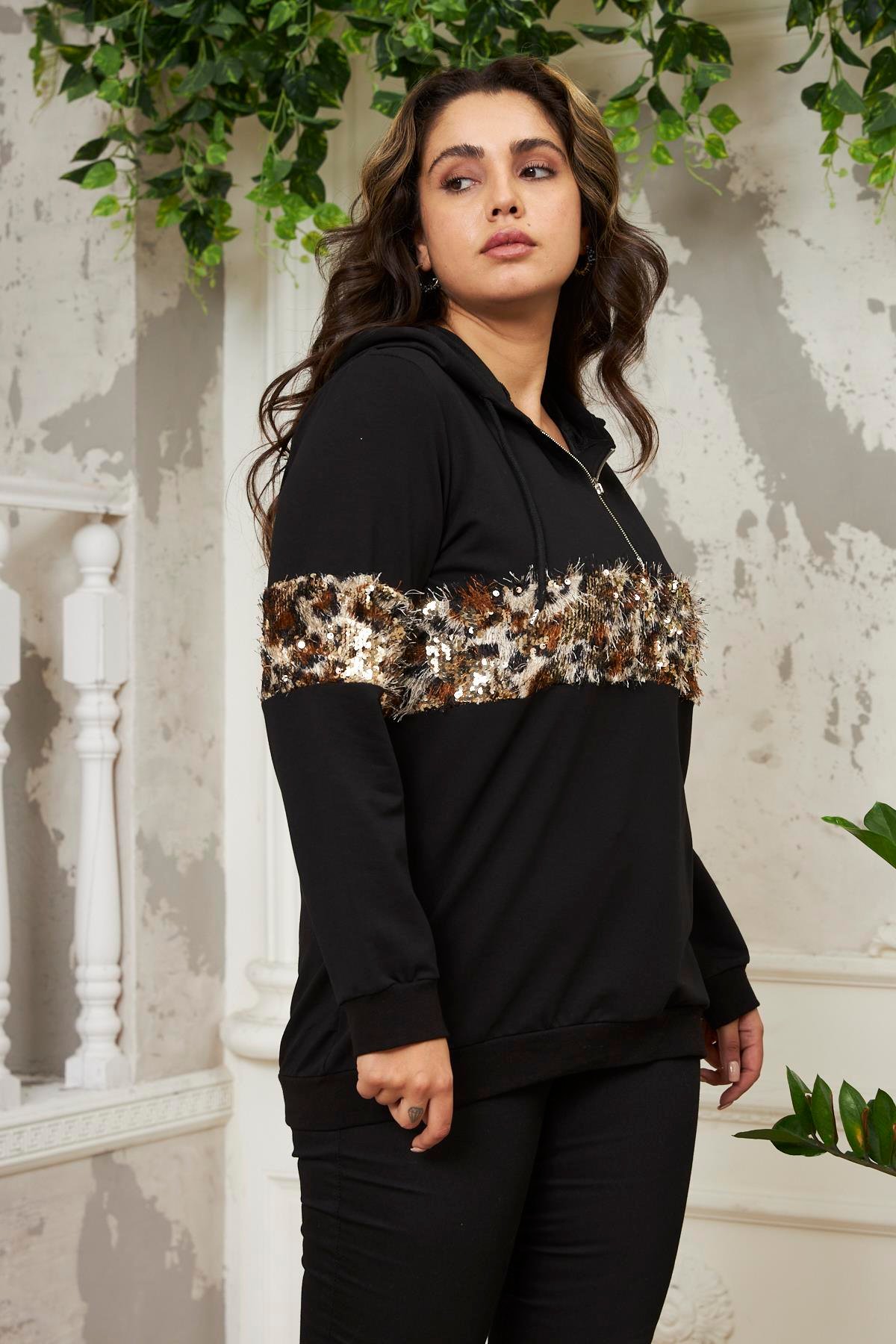 Rmg Pul Payet Detaylı Büyük Beden Kahve Sweatshirt