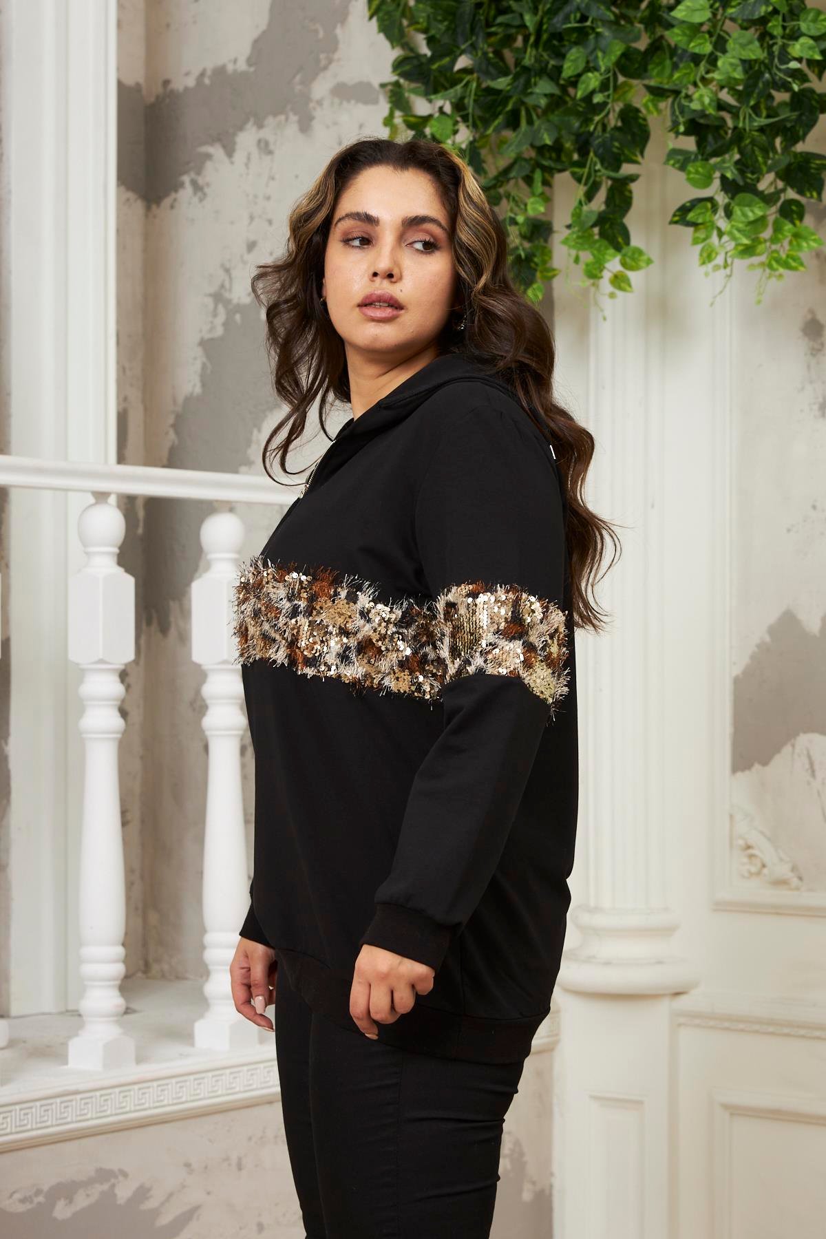 Rmg Pul Payet Detaylı Büyük Beden Kahve Sweatshirt