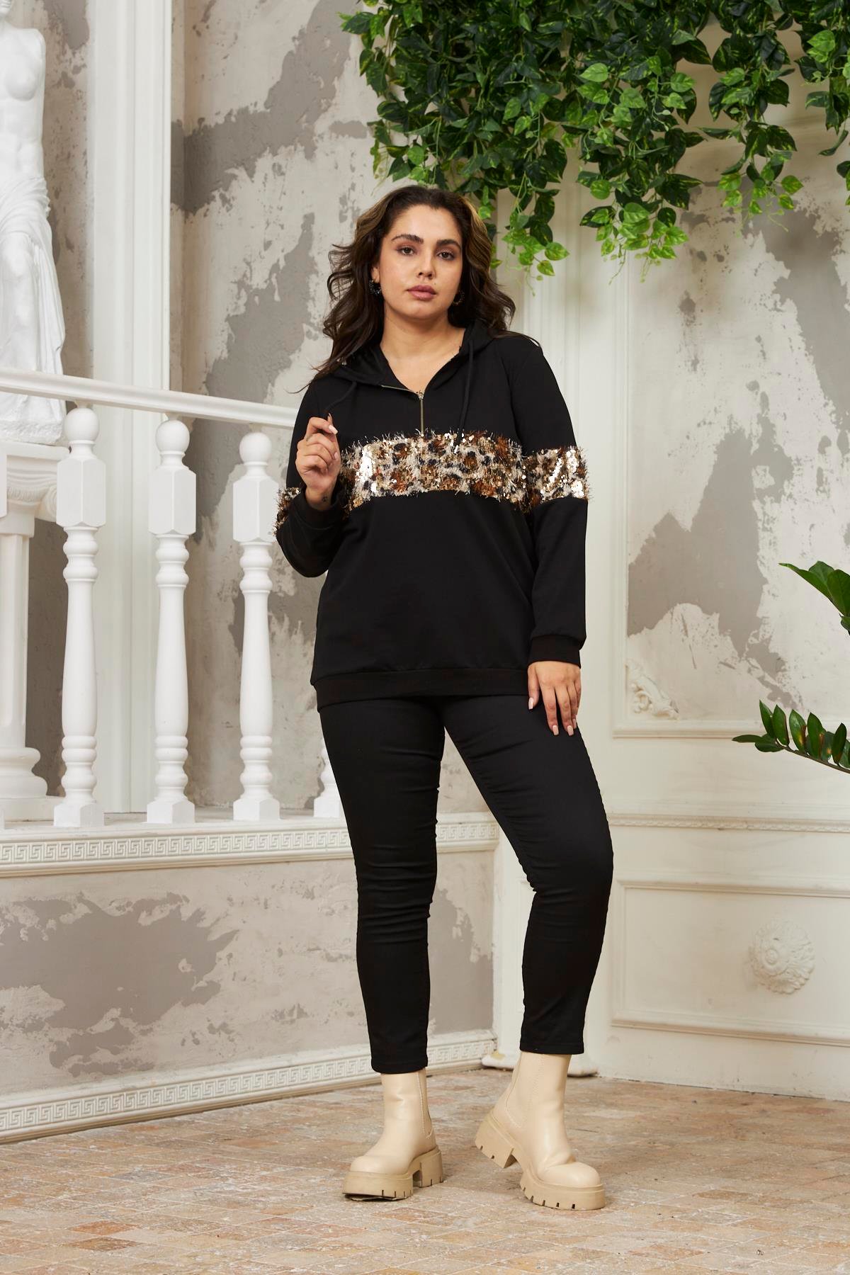 Rmg Pul Payet Detaylı Büyük Beden Kahve Sweatshirt