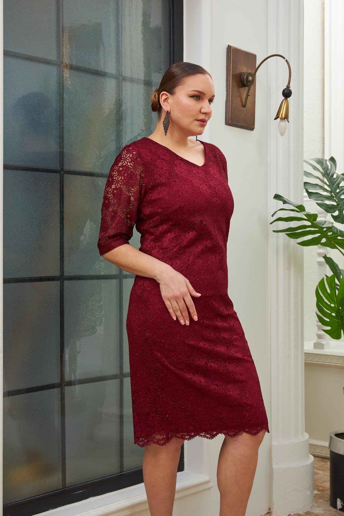 Rmg Simli Büyük Beden Bordo Dantel Elbise