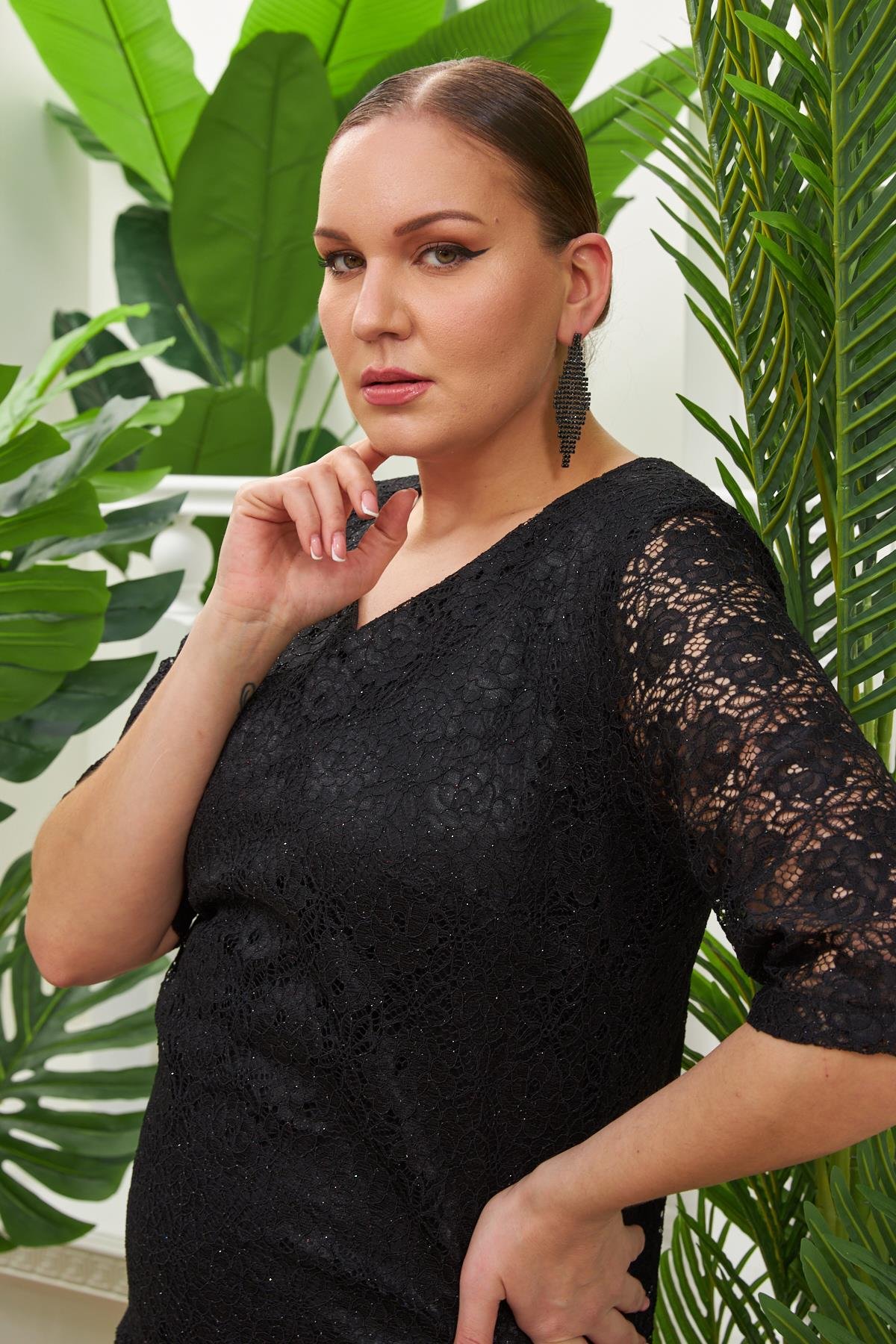 Rmg Simli Büyük Beden Siyah Dantel Elbise