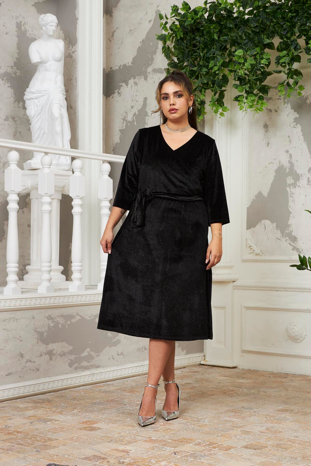 Rmg Simli Kadife Büyük Beden Siyah Abiye Elbise