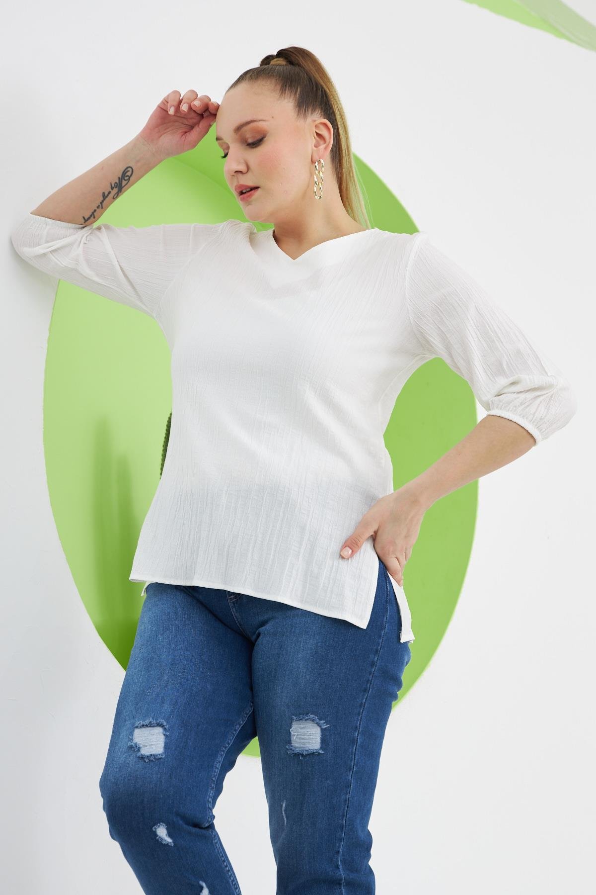 Rmg Sırt Bağcık Detaylı V Yaka Büyük Beden Beyaz Bluz