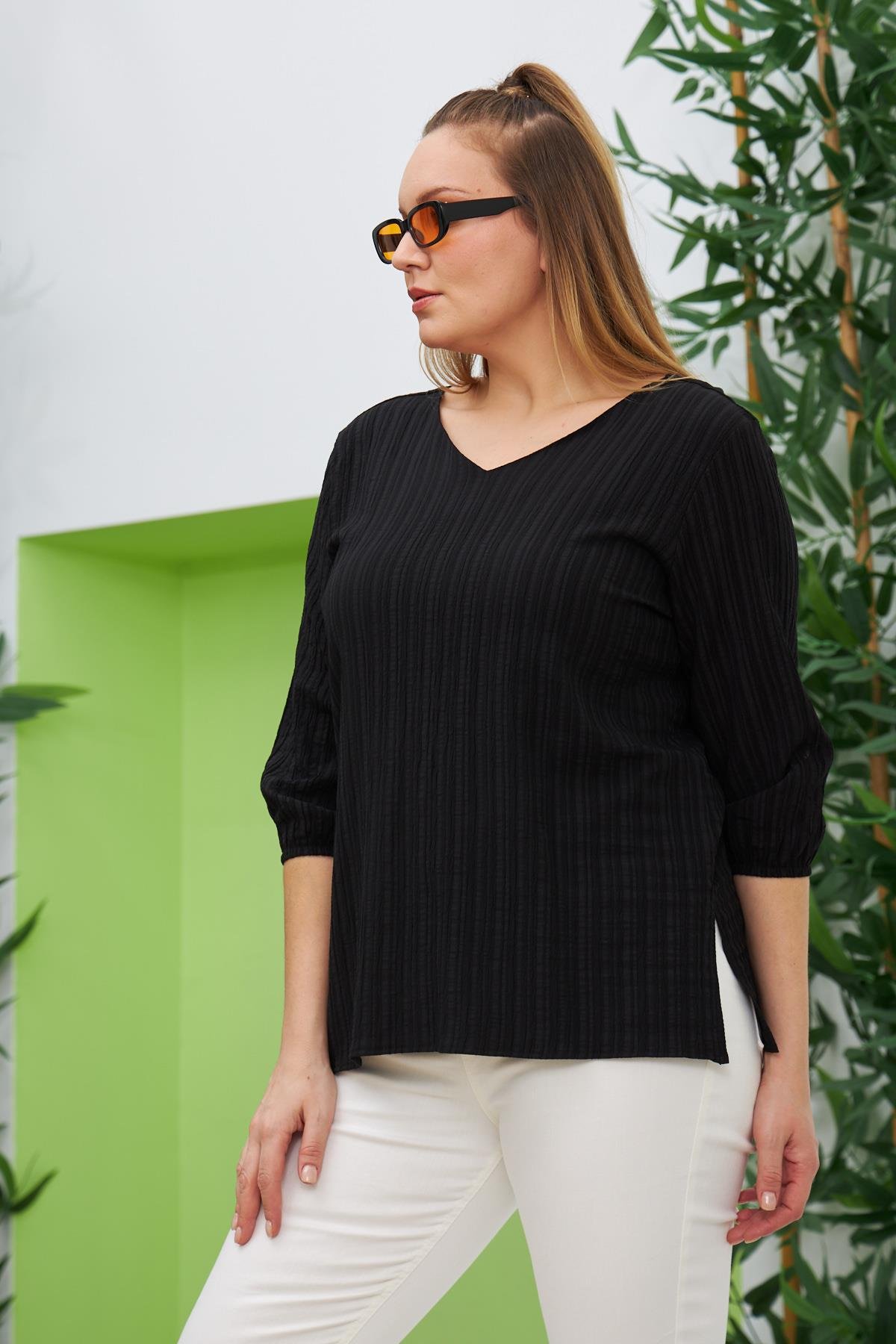 Rmg Sırt Bağcık Detaylı V Yaka Büyük Beden Siyah Bluz