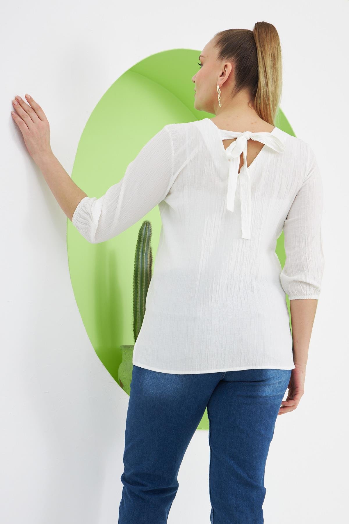 Rmg Sırt Bağcık Detaylı V Yaka Büyük Beden Beyaz Bluz