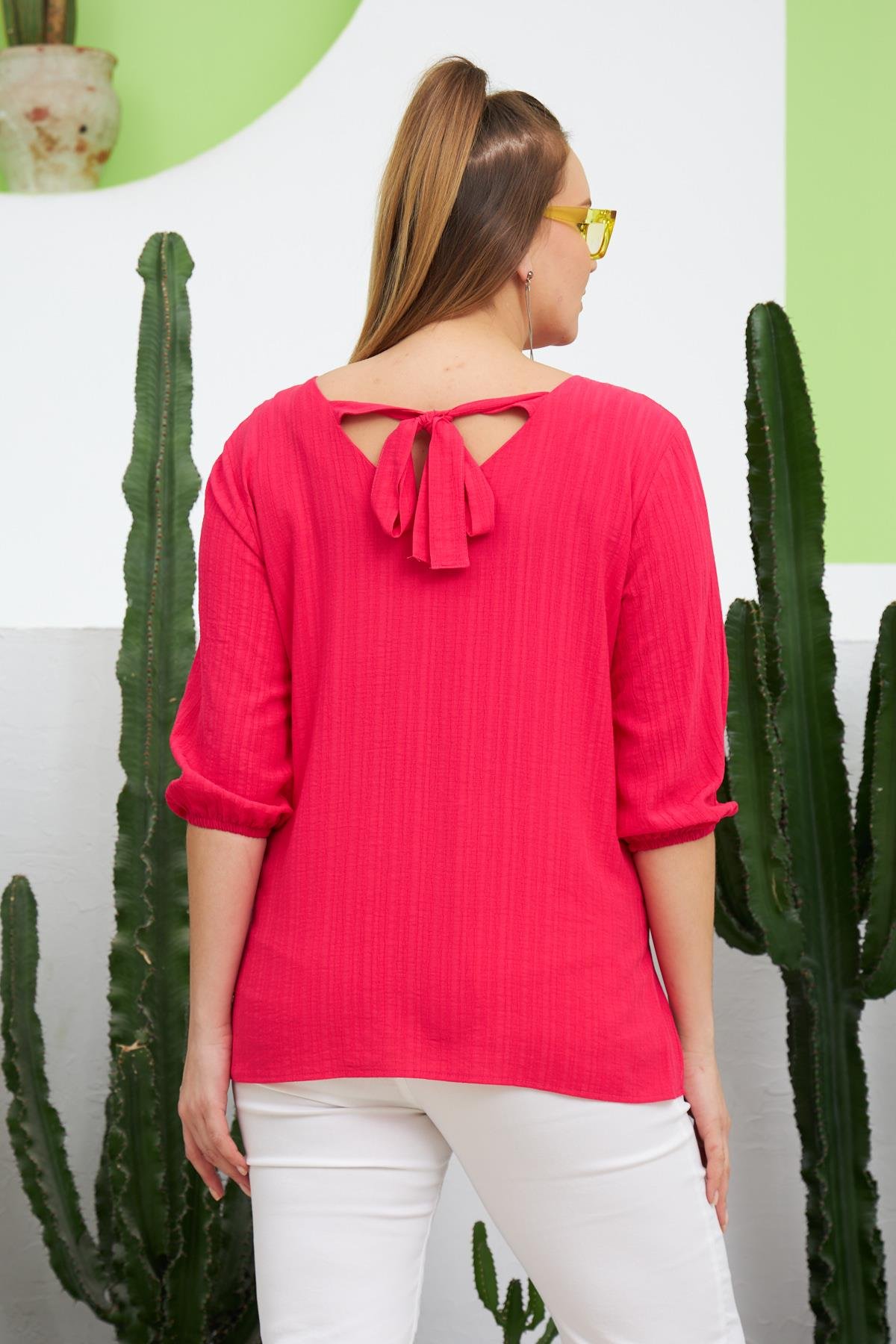 Rmg Sırt Bağcık Detaylı V Yaka Büyük Beden Fuşya Bluz
