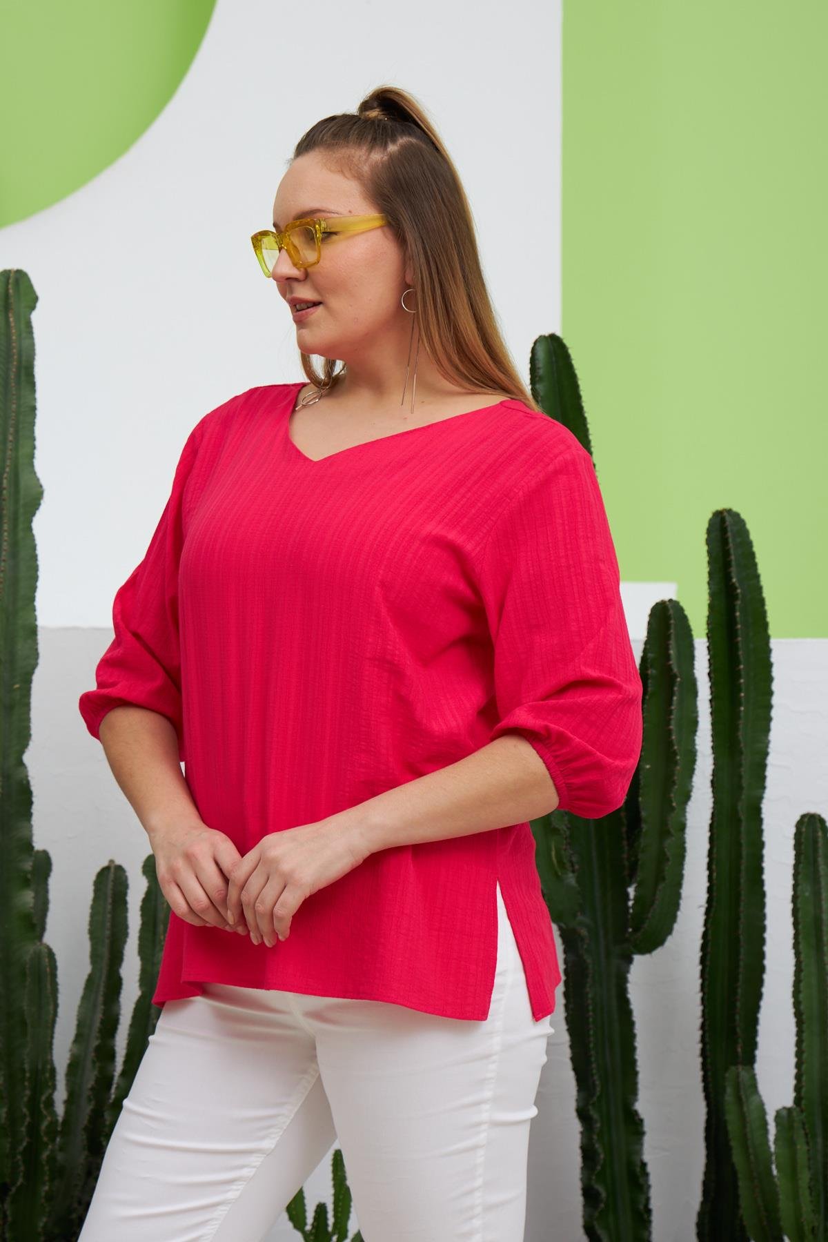 Rmg Sırt Bağcık Detaylı V Yaka Büyük Beden Fuşya Bluz