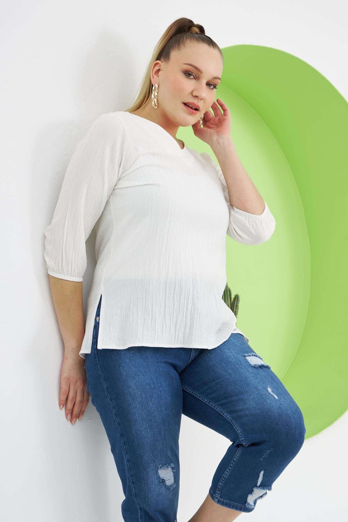 Rmg Sırt Bağcık Detaylı V Yaka Büyük Beden Beyaz Bluz