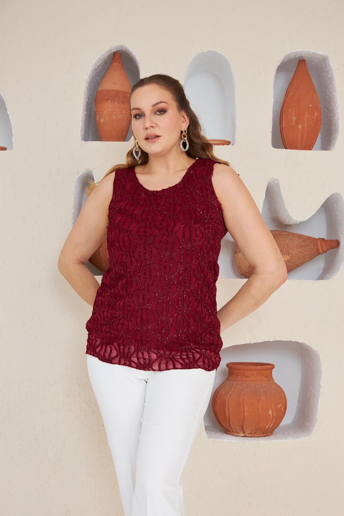 Rmg Su Yolu İşlemeli Büyük Beden Bordo Atlet	