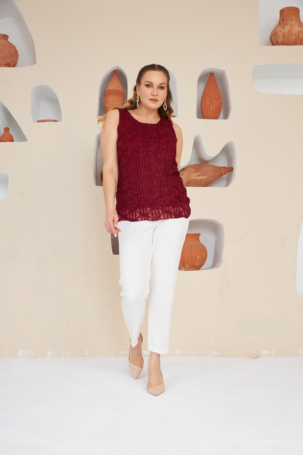 Rmg Su Yolu İşlemeli Büyük Beden Bordo Atlet	