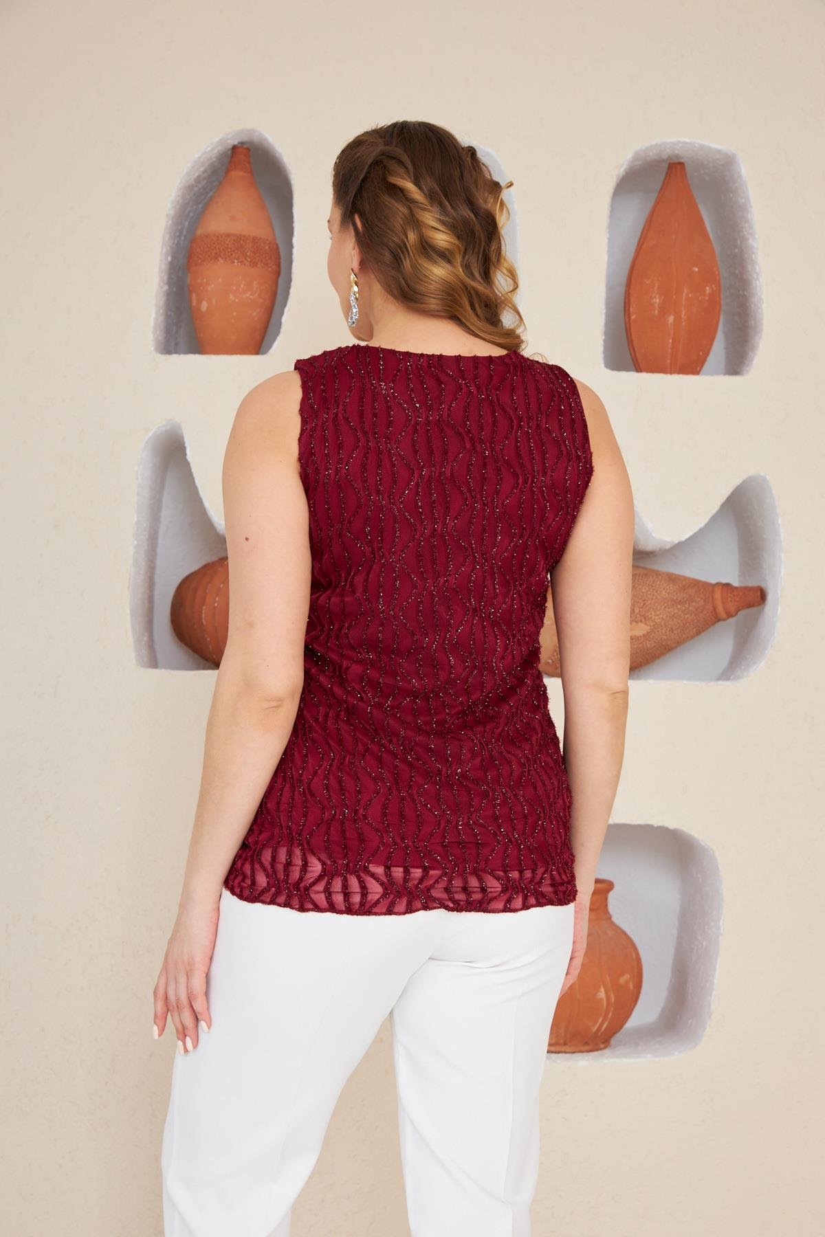 Rmg Su Yolu İşlemeli Büyük Beden Bordo Atlet	