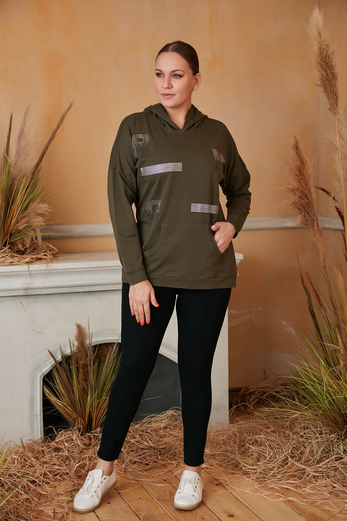 Rmg Taş Baskılı Büyük Beden Haki Sweatshirt