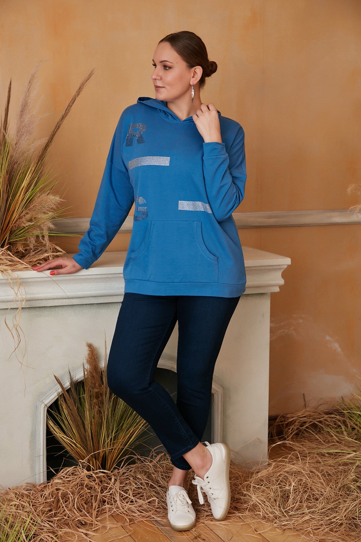 Rmg Taş Baskılı Büyük Beden İndigo Sweatshirt