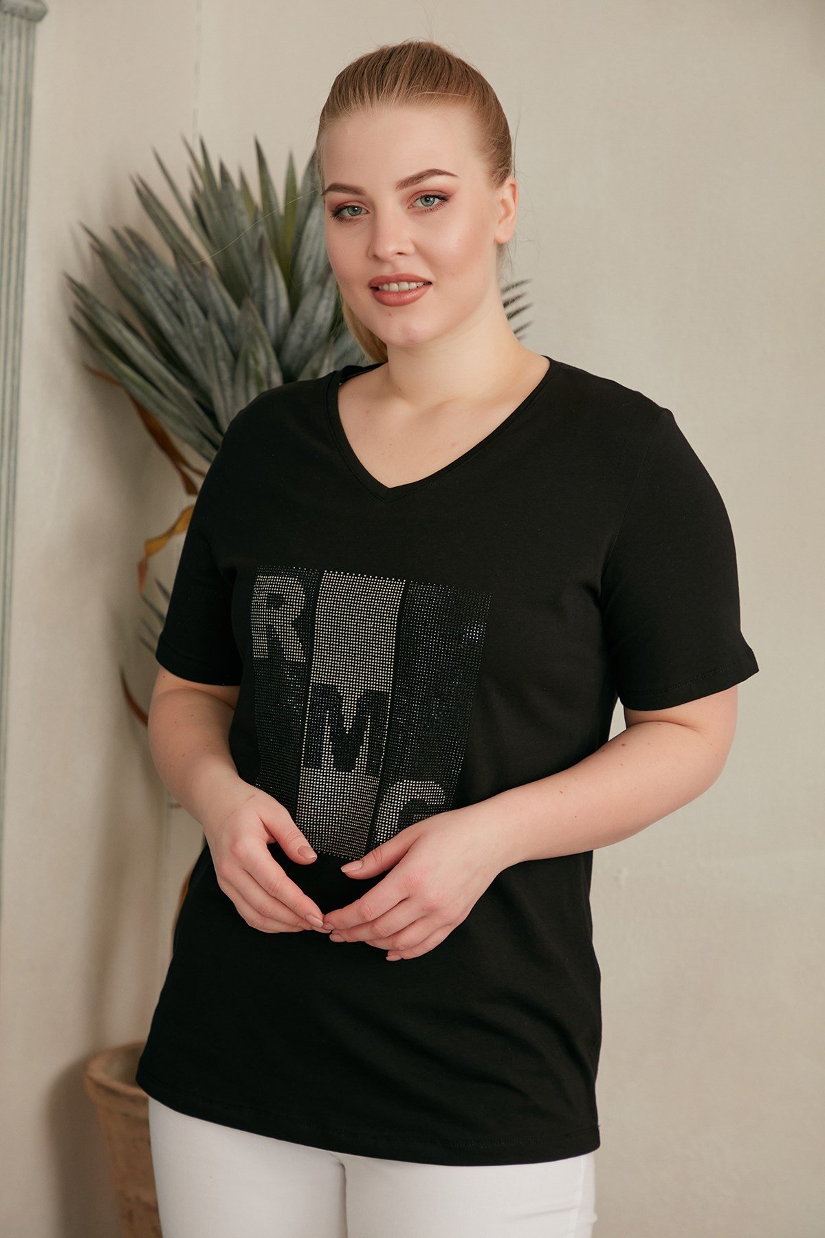 Rmg Taş Baskılı Büyük Beden Siyah Tişört