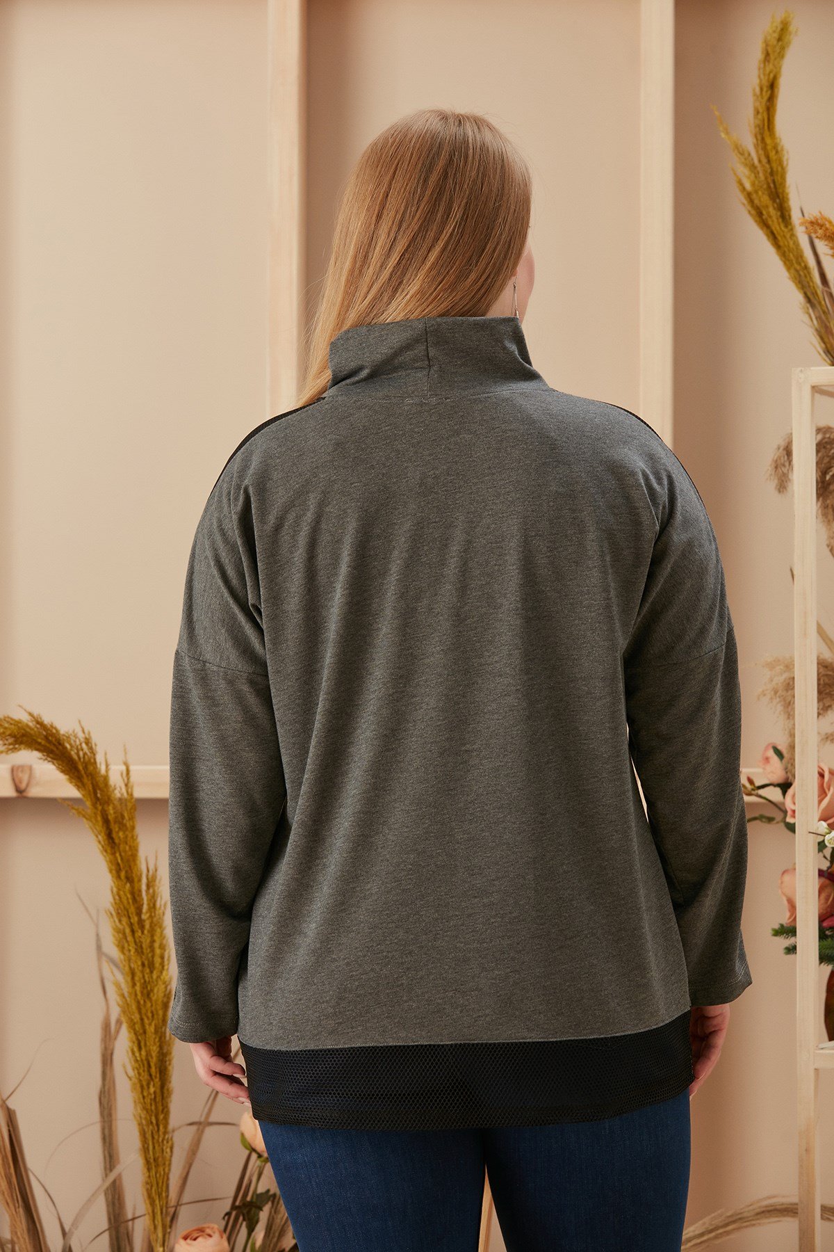 Rmg Taş Baskılı Kollar File Detaylı Antrasit Büyük Beden Sweatshirt