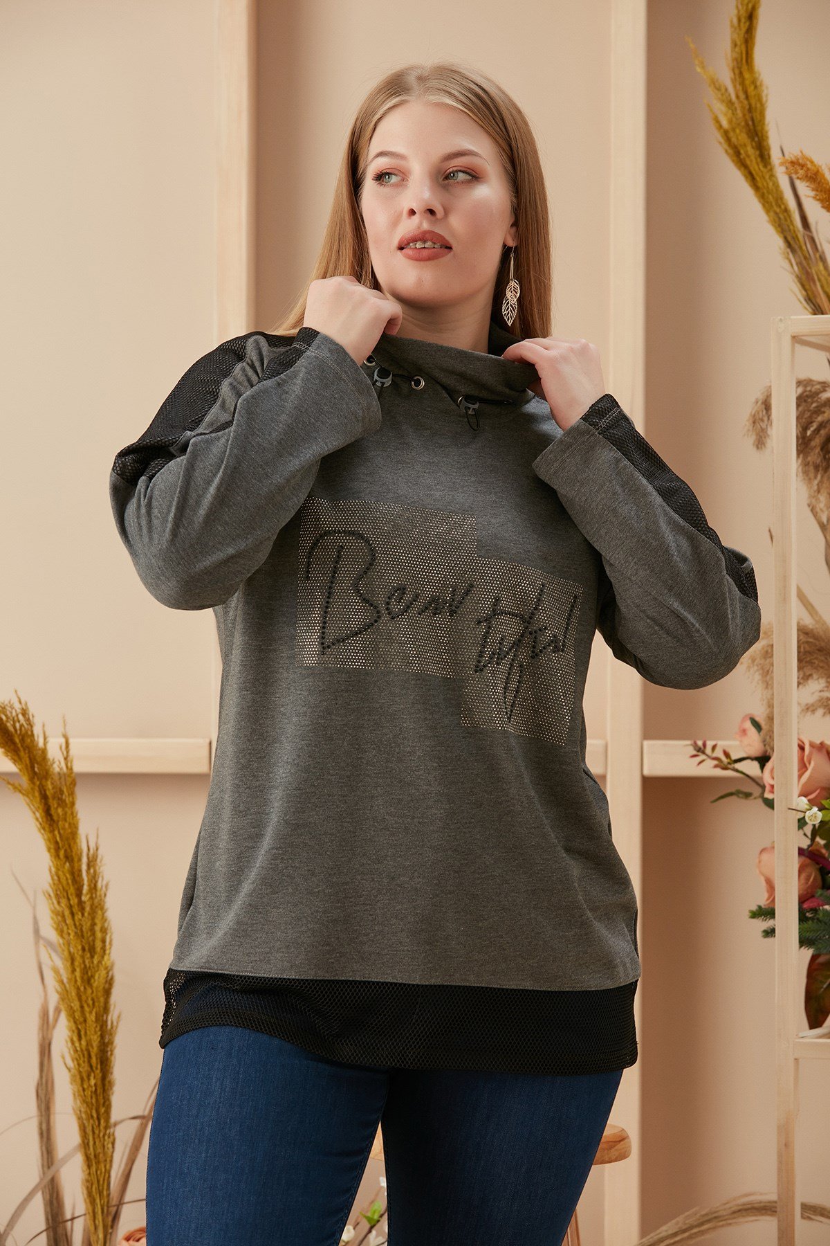 Rmg Taş Baskılı Kollar File Detaylı Antrasit Büyük Beden Sweatshirt