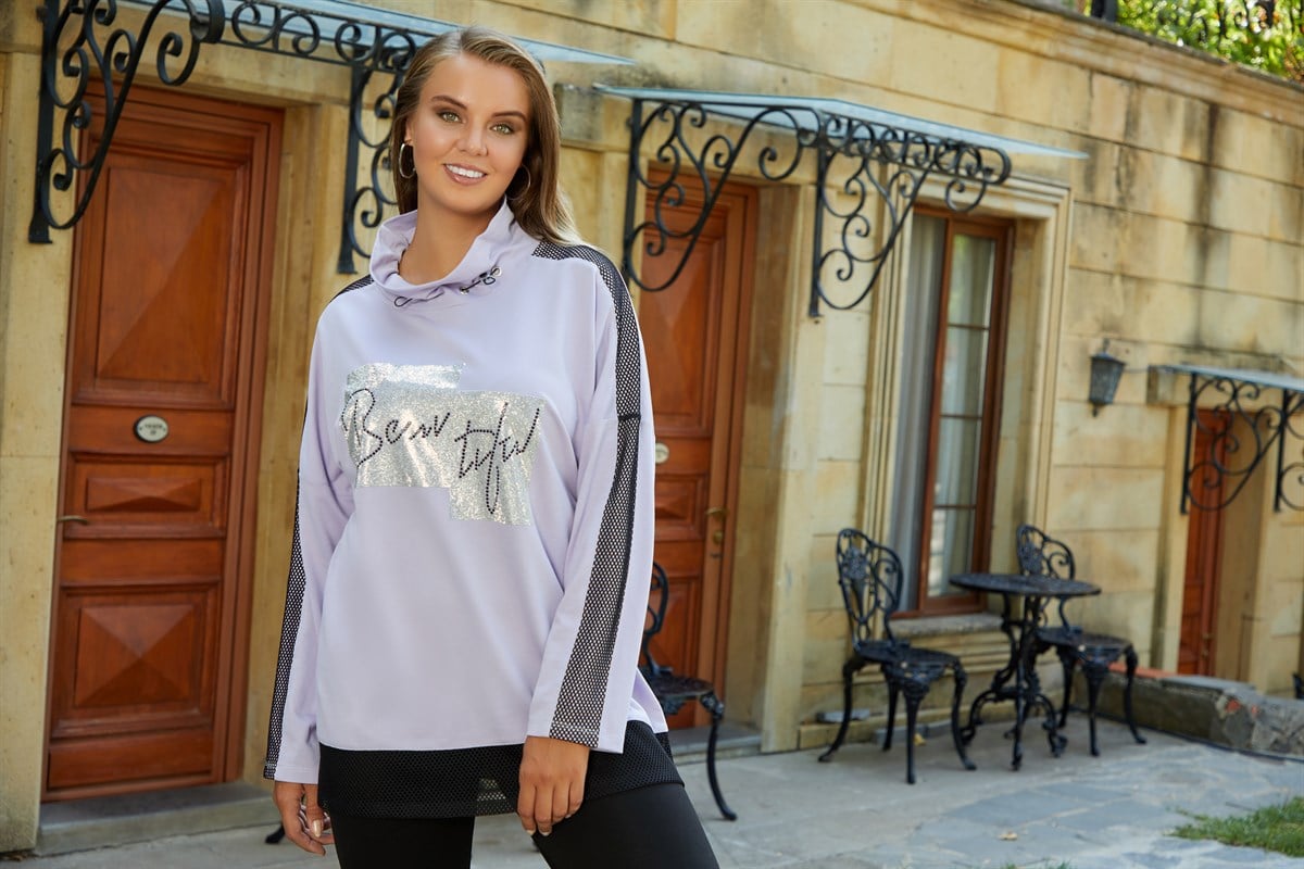 Rmg Taş Baskılı Kollar File Detaylı Lila Büyük Beden Sweatshirt