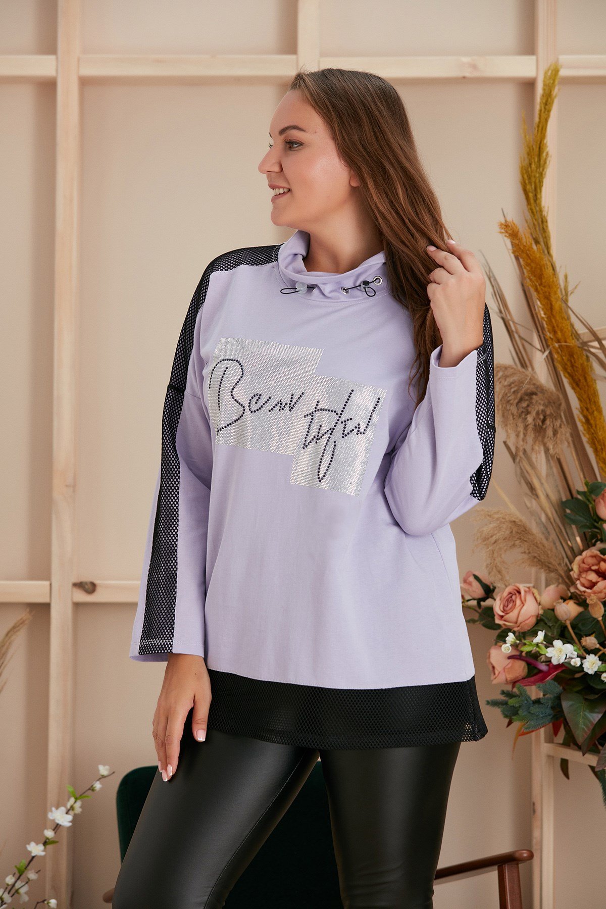 Rmg Taş Baskılı Kollar File Detaylı Lila Büyük Beden Sweatshirt