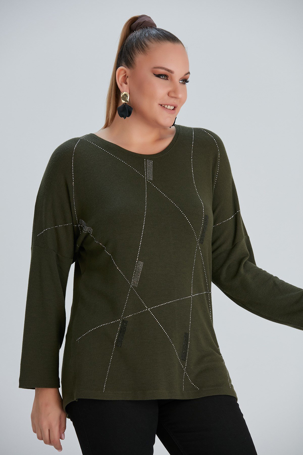 Rmg Taş Desenli Büyük Beden Haki Bluz