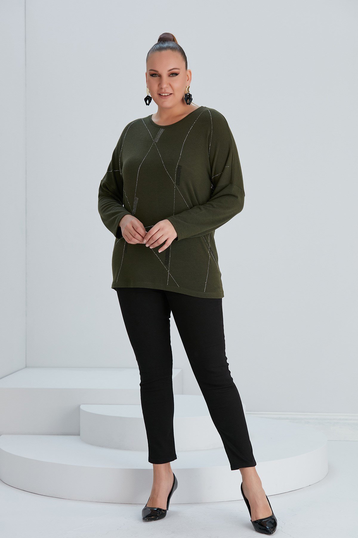 Rmg Taş Desenli Büyük Beden Haki Bluz