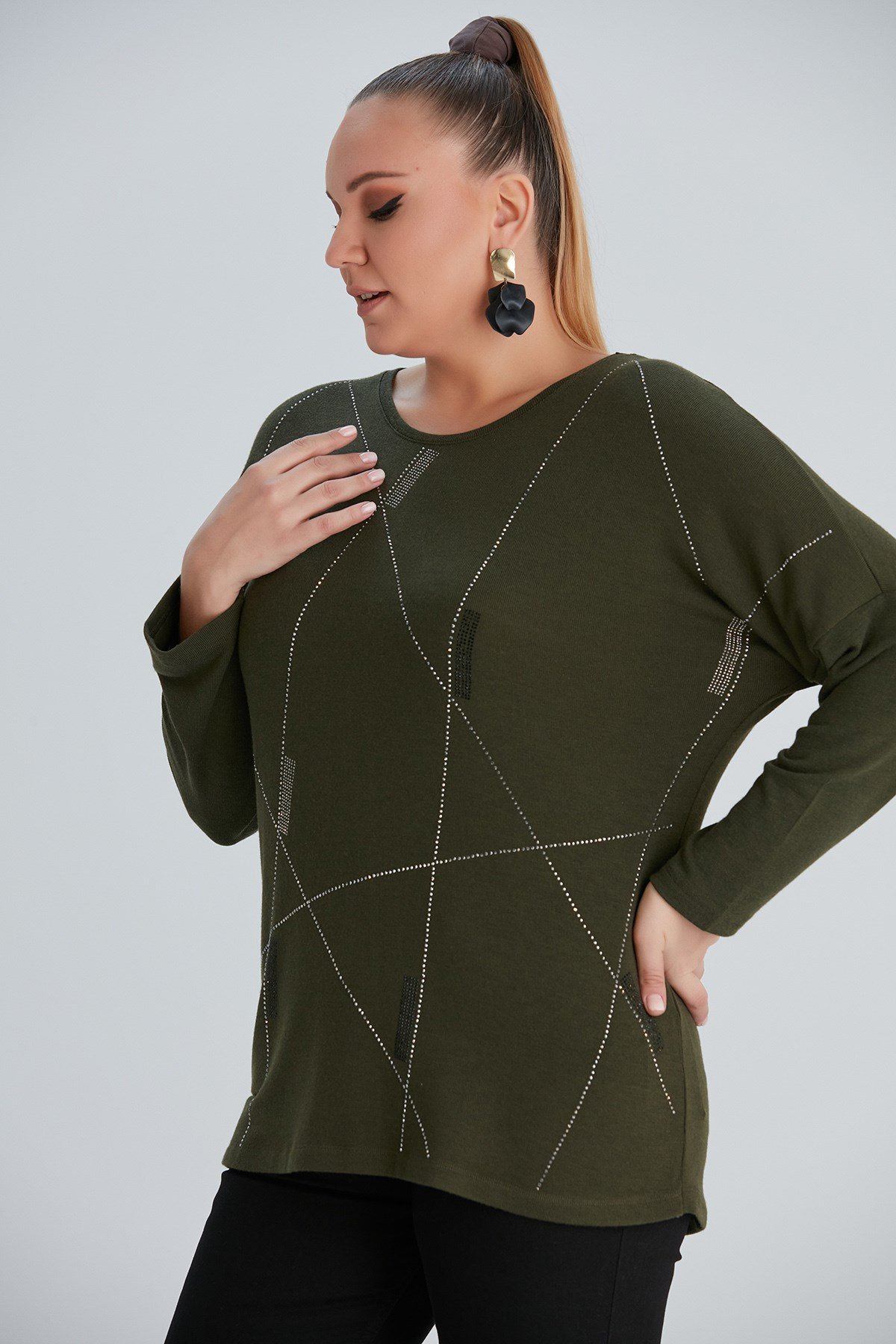Rmg Taş Desenli Büyük Beden Haki Bluz