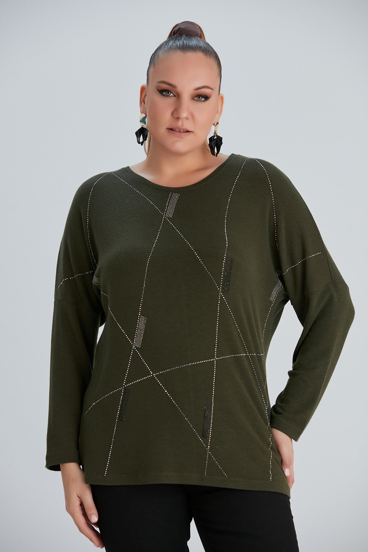 Rmg Taş Desenli Büyük Beden Haki Bluz