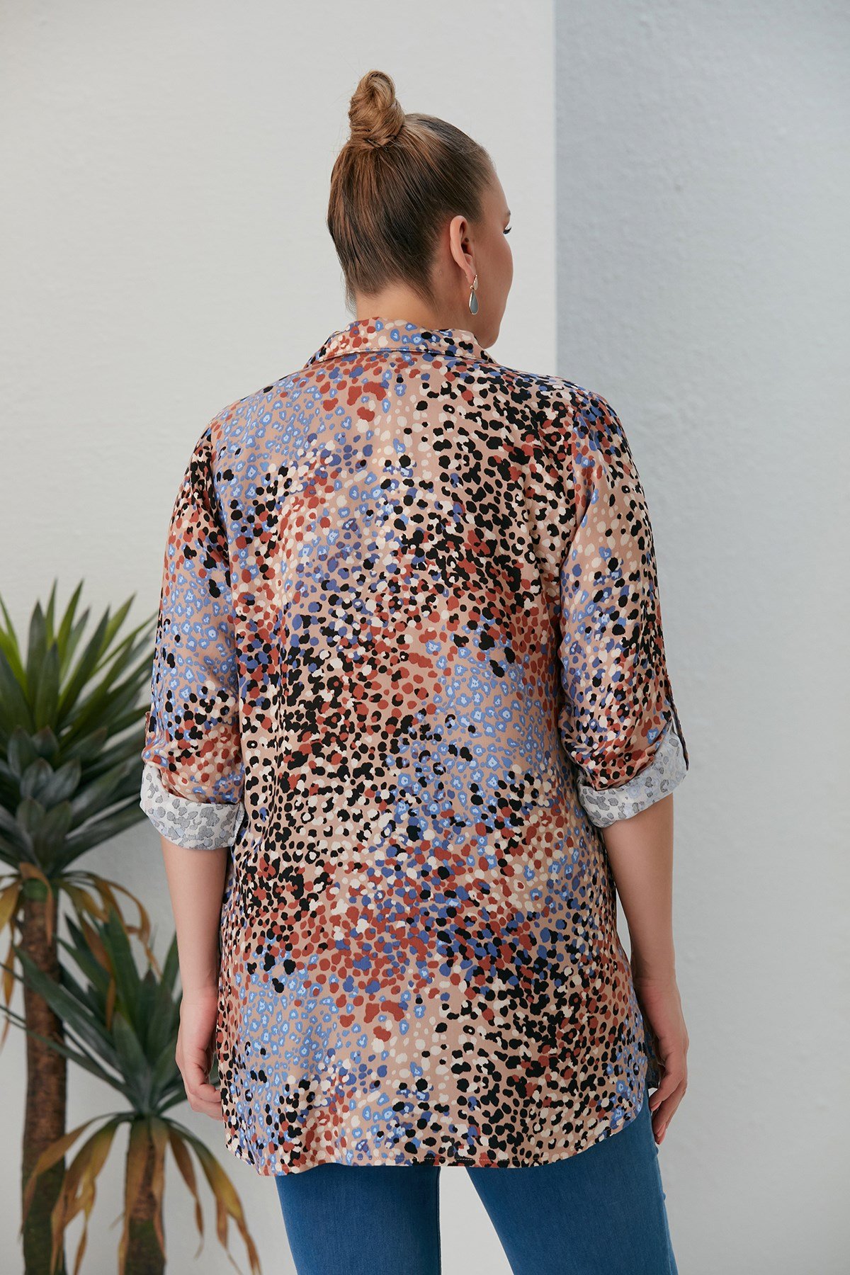 Rmg Taş Desenli Büyük Beden Vizon Gömlek