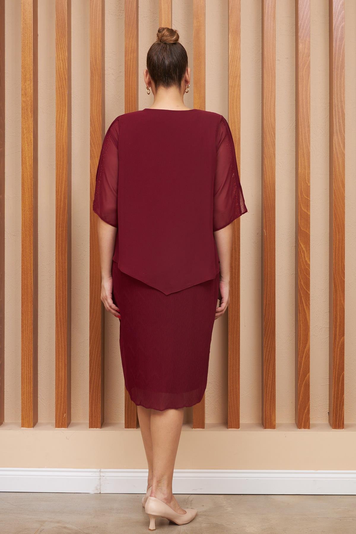 Rmg Taş Detaylı Piliseli Büyük Beden Bordo Abiye Elbise